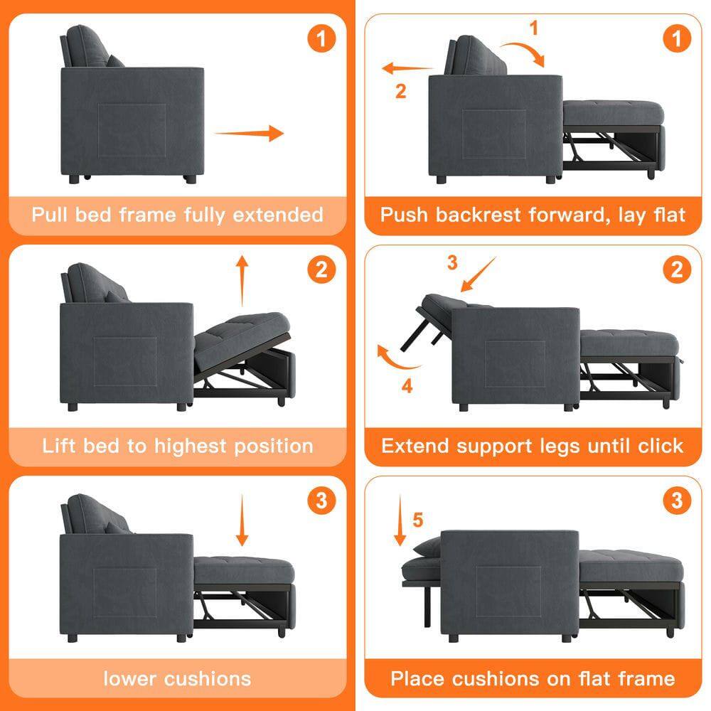 1. Pull bed frame fully extended
2. Push backrest forward, lay flat
3. Lift bed to highest position
4. Extend support legs until click
5. Lower cushions
6. Place cushions on flat frame