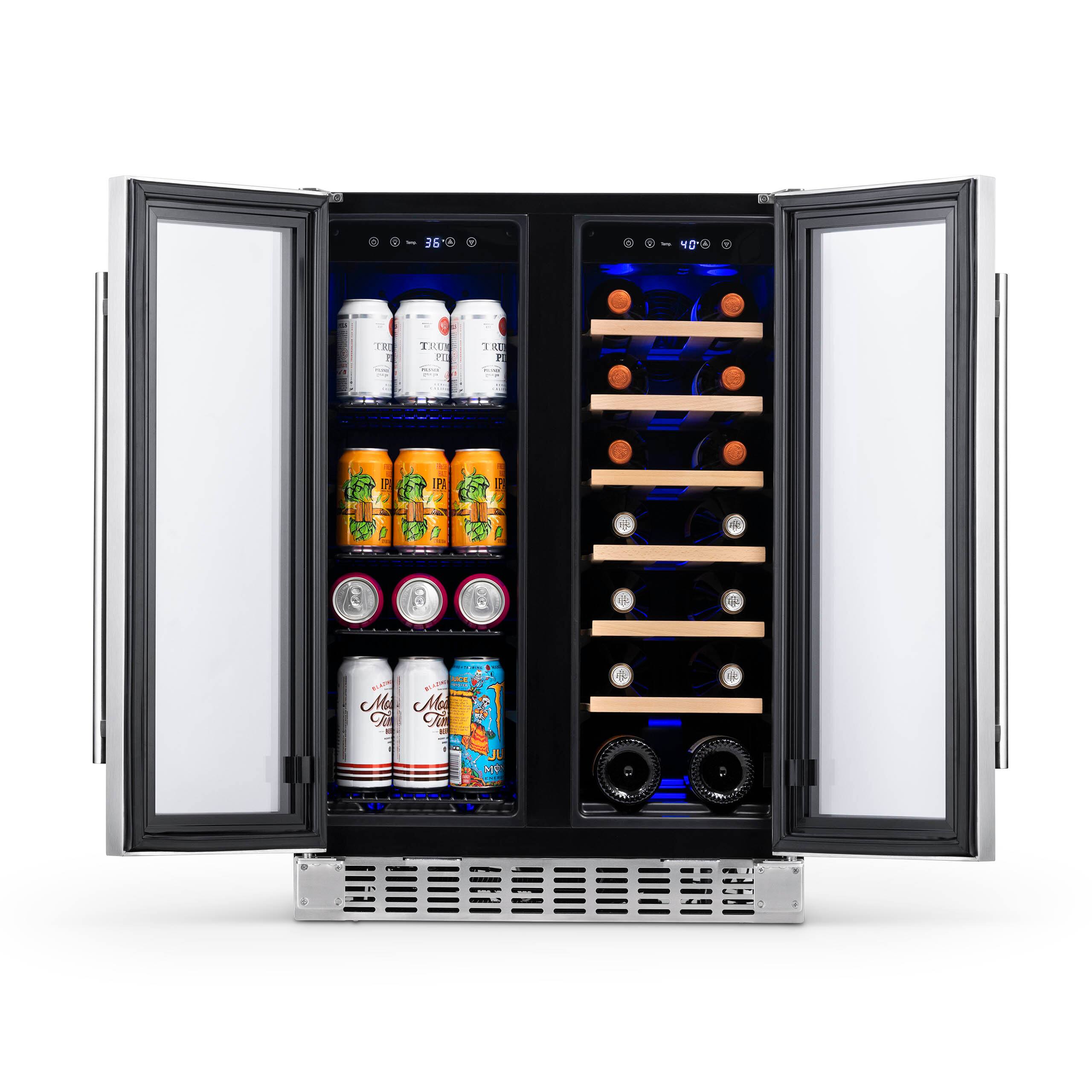 The image shows a mini refrigerator with two shelves. The top shelf contains a variety of canned beverages, including soda and beer. There are at least 13 cans visible in the refrigerator. The bottom shelf is filled with wine bottles, with at least 14 bottles of wine visible. The refrigerator is open, displaying the contents inside.