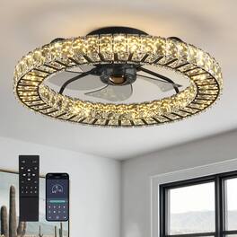 Siljoy - 22 Inch Crystal Ceiling Fan with Light, Dimmable LED Low Profile Flush Mount Fan with Remote for Bedroom - Black