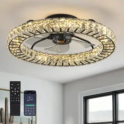 Front. Siljoy - 22 Inch Black Crystal Ceiling Fan with Light, Dimmable LED Low Profile Flush Mount Fan with Remote for Bedroom - BLACK.