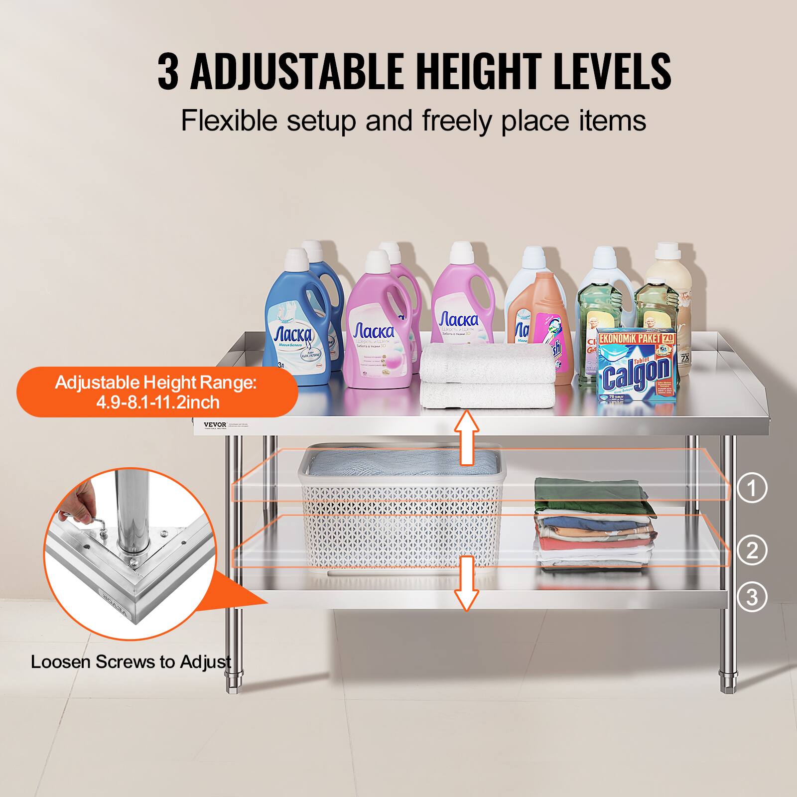 3 ADJUSTABLE HEIGHT LEVELS Flexible setup and freely place items - Adjustable Height Range: 4.9-8.1-11.2inch VEVOS | Loosen Screws to Adjust