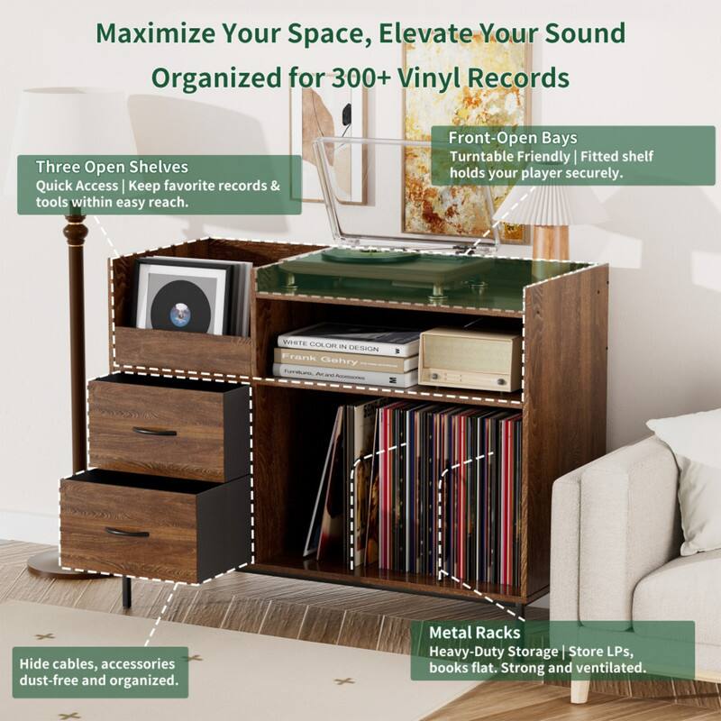 Maximize Your Space, Elevate Your Sound  
Organized for 300+ Vinyl Records  

Three Open Shelves  
Quick Access | Keep favorite records & tools within easy reach.  

Front-Open Bays  
Turntable Friendly | Fitted shelf holds your player securely.  

Hide cables, accessories dust-free and organized.  

Metal Racks  
Heavy-Duty Storage | Store LPs, books flat. Strong and ventilated.