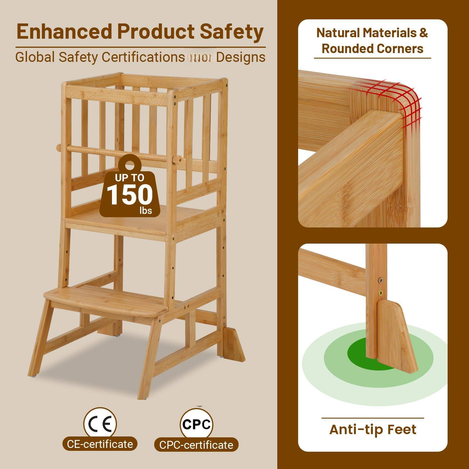Enhanced Product Safety  
Global Safety Certifications 11101 Designs  

Natural Materials & Rounded Corners  

UP TO 150 lbs  

CE-certificate  
CPC-certificate  

Anti-tip Feet