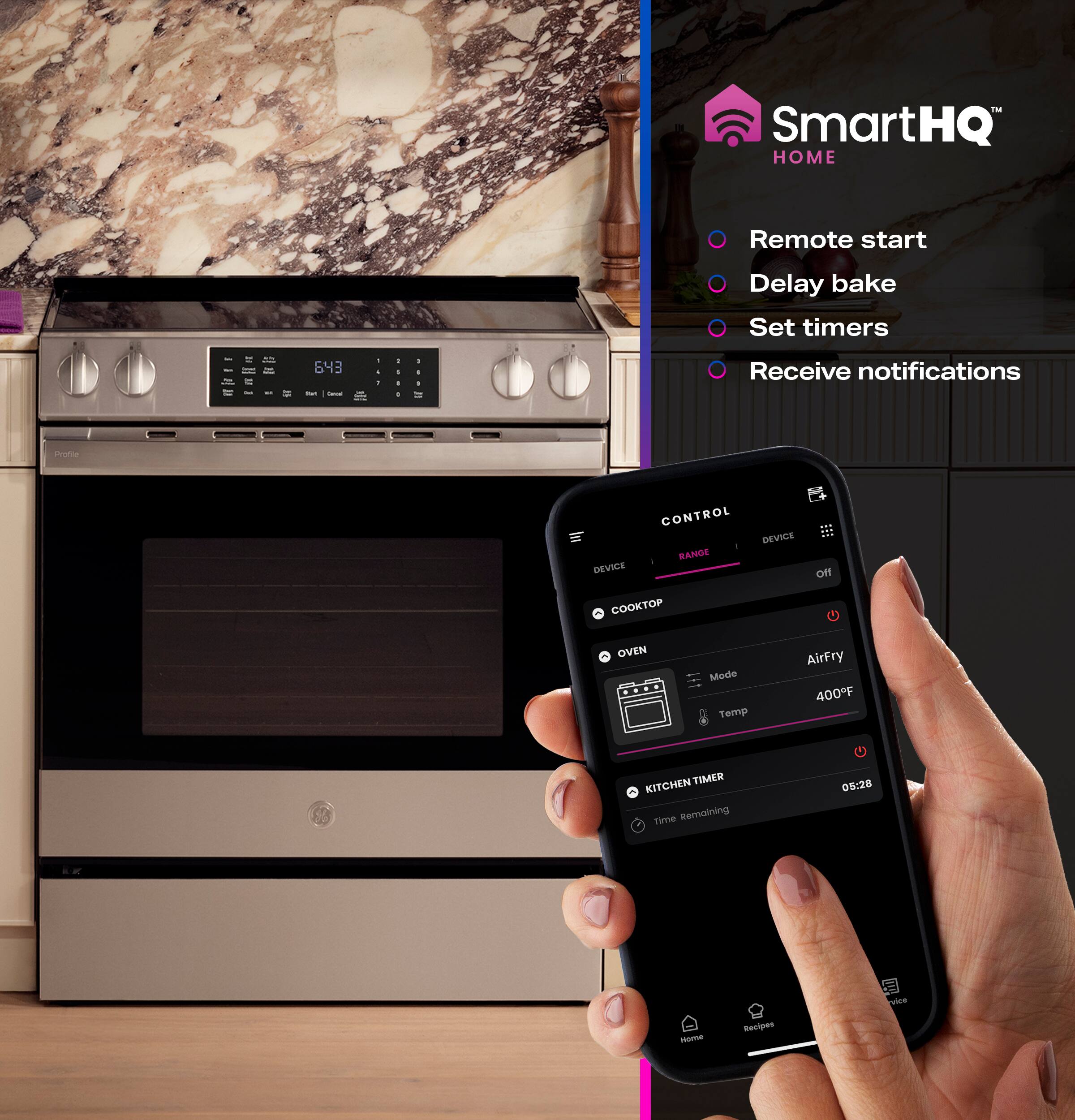 SmartHQ Home Remote start Delay bake Set timers Receive notifications Device control Device Remote control Oven Mode Temperature AirFry 400F Timer Kitchen Time Remaining 05:28