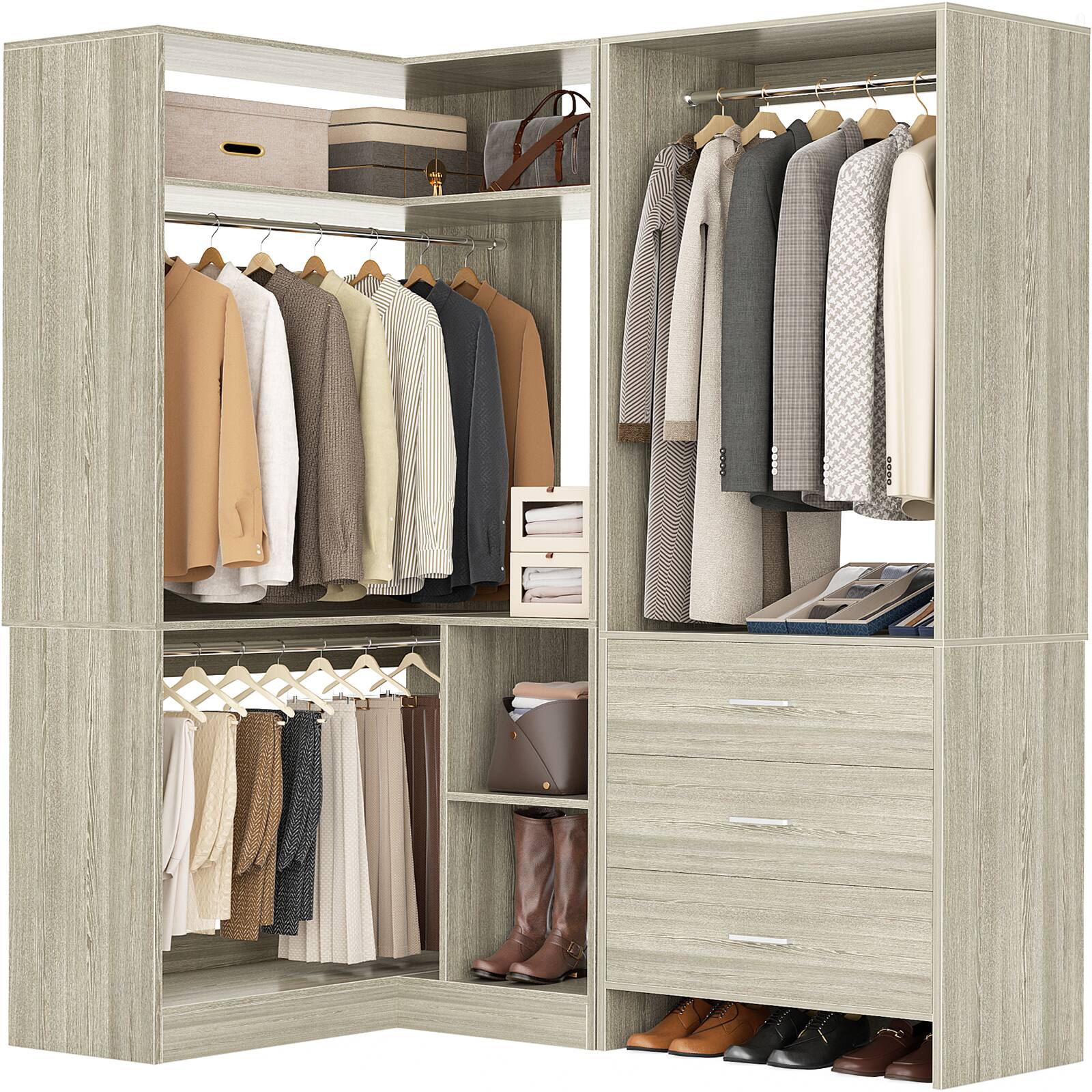 Angle. Aheaplus - Corner Wardrobe Closet System - With 3 Drawers, 2 Hanging Rods and Open Storage Shelves - Beige Oak.