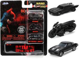 "The Batman" (2022) Movie 3 piece Set "DC Comics" "Nano Hollywood Rides" Series Diecast Model Cars by Jada - Black