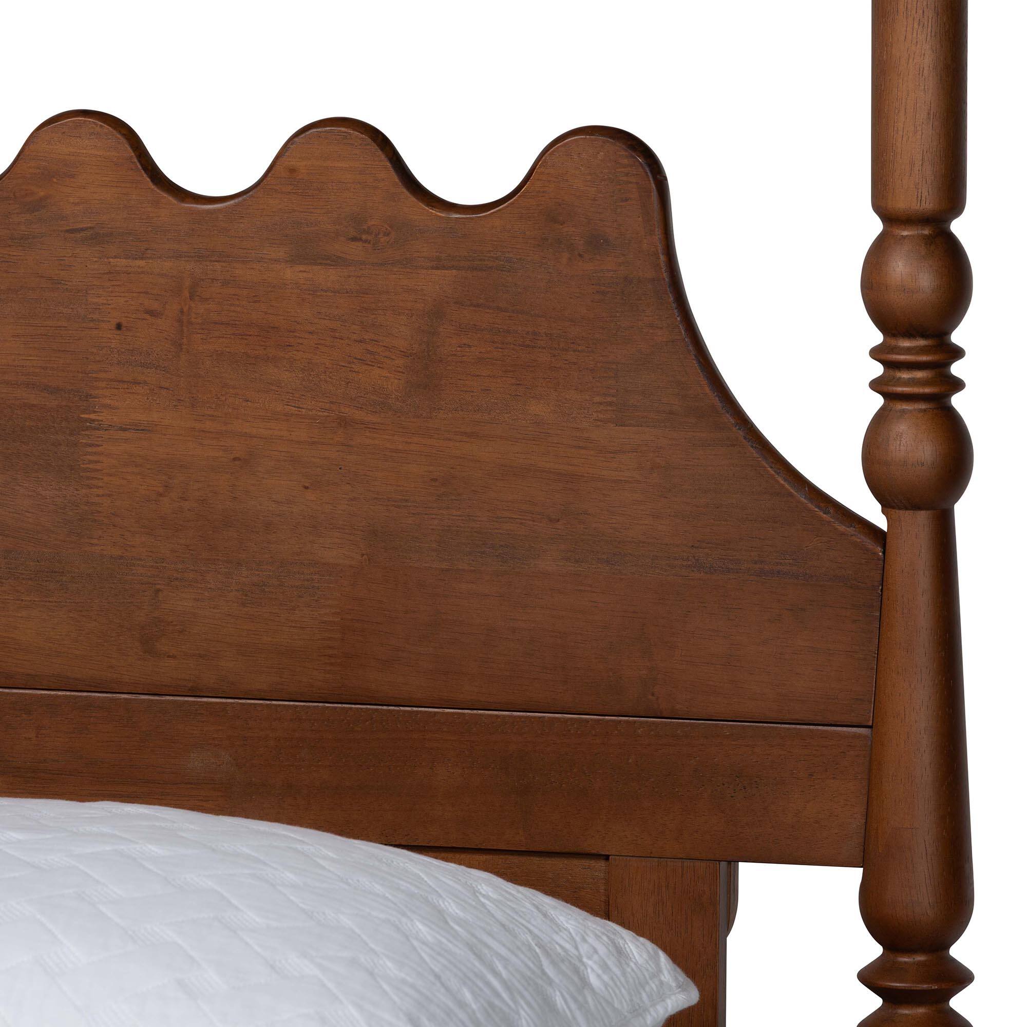 Back. Baxton Studio - Hoffman Platform Bed - Farmhouse Bed Frame with Scalloped Design and Turned Posts, Queen - Walnut Brown.
