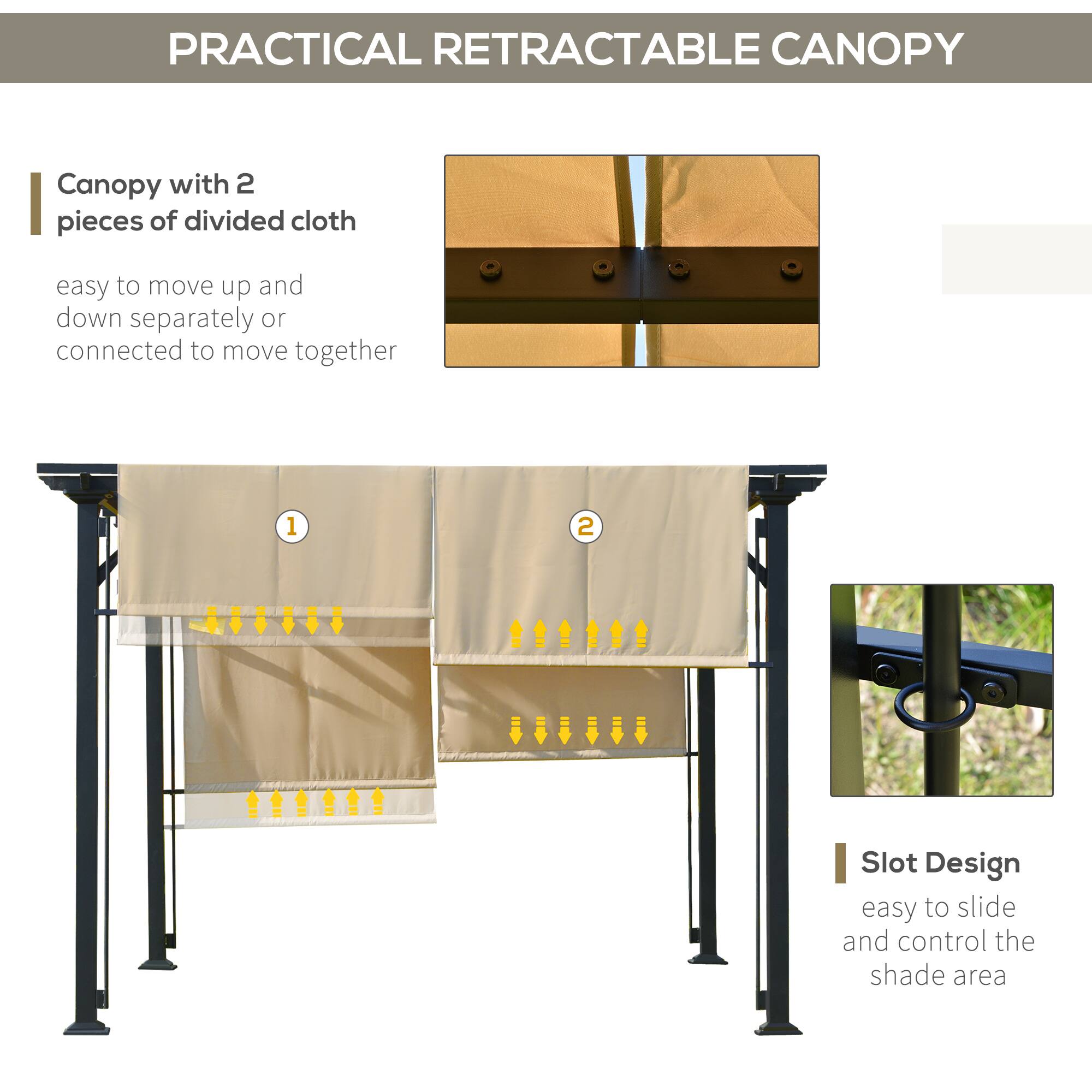 PRACTICAL RETRACTABLE CANOPY

Canopy with 2 pieces of divided cloth
easy to move up and down separately or connected to move together

Slot Design
easy to slide and control the shade area