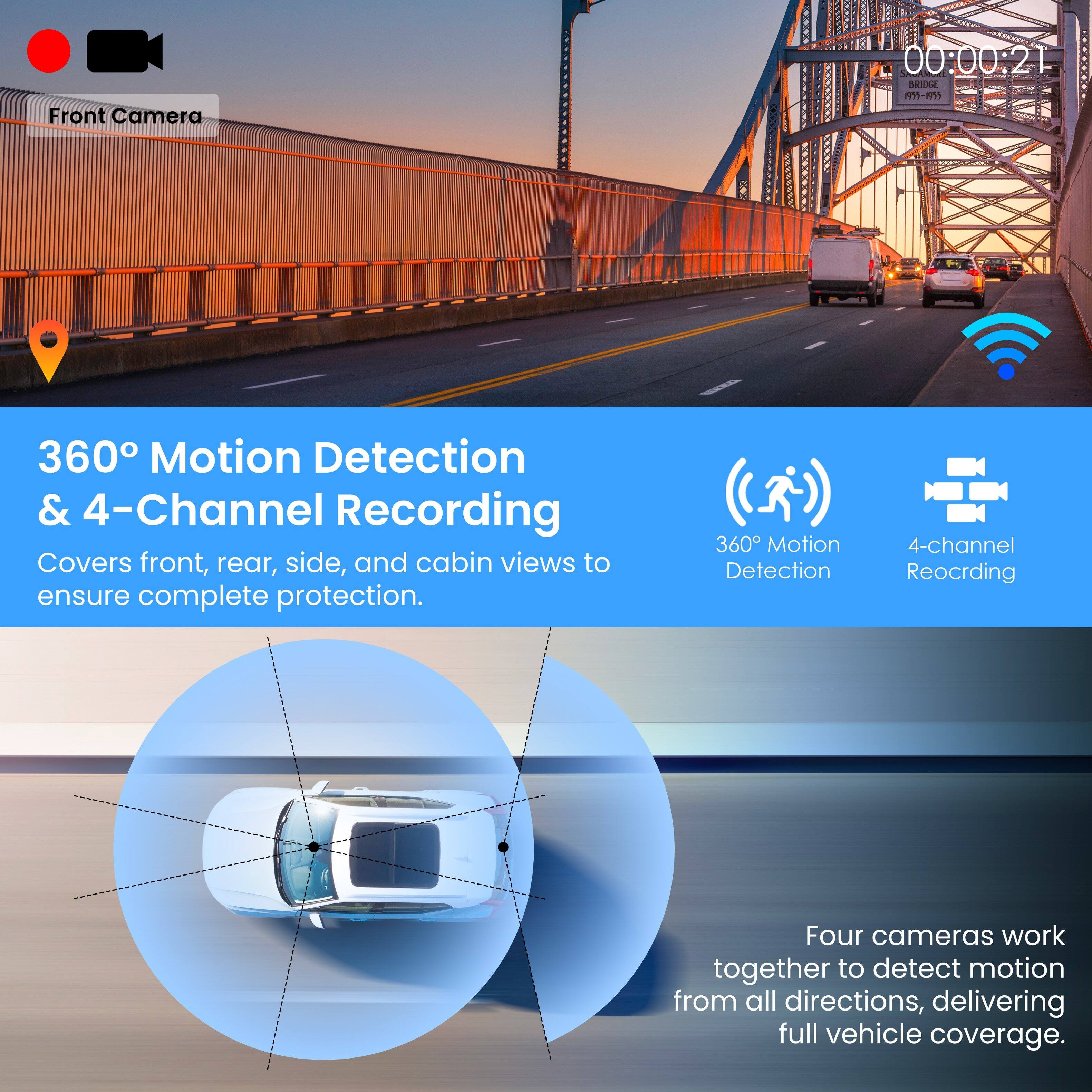 Front Camera: 00:00:21 DON 21-275 360 Motion Detection & 4-Channel Recording Covers front, rear, side, and cabin views to ensure complete protection. 360 Motion Detection & 4-Channel Recording Four cameras work together to detect motion from all directions, delivering full vehicle coverage.