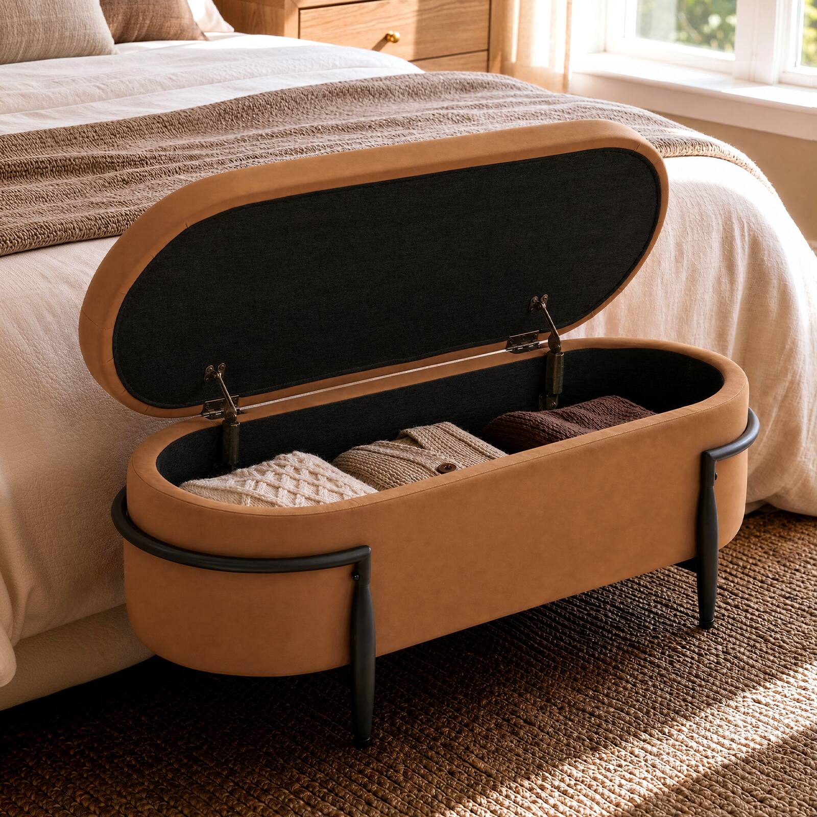 Alt View 4. ModernMate - Brenno 43.3" Wide Cognac Bench Bedroom Ottoman with Spacious Storage and Adjustable Feets - Cognac.