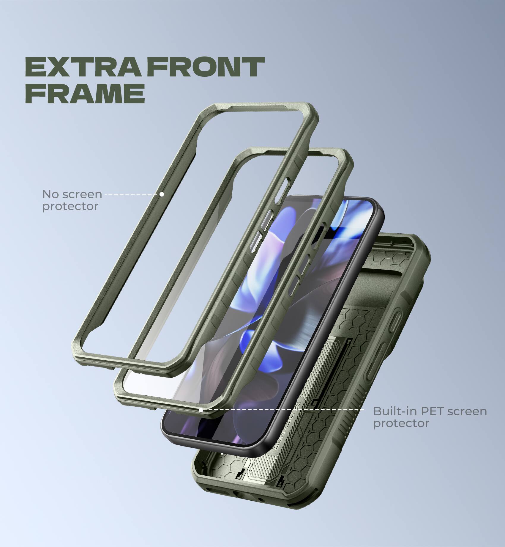 EXTRA FRONT FRAME

No screen protector

Built-in PET screen protector