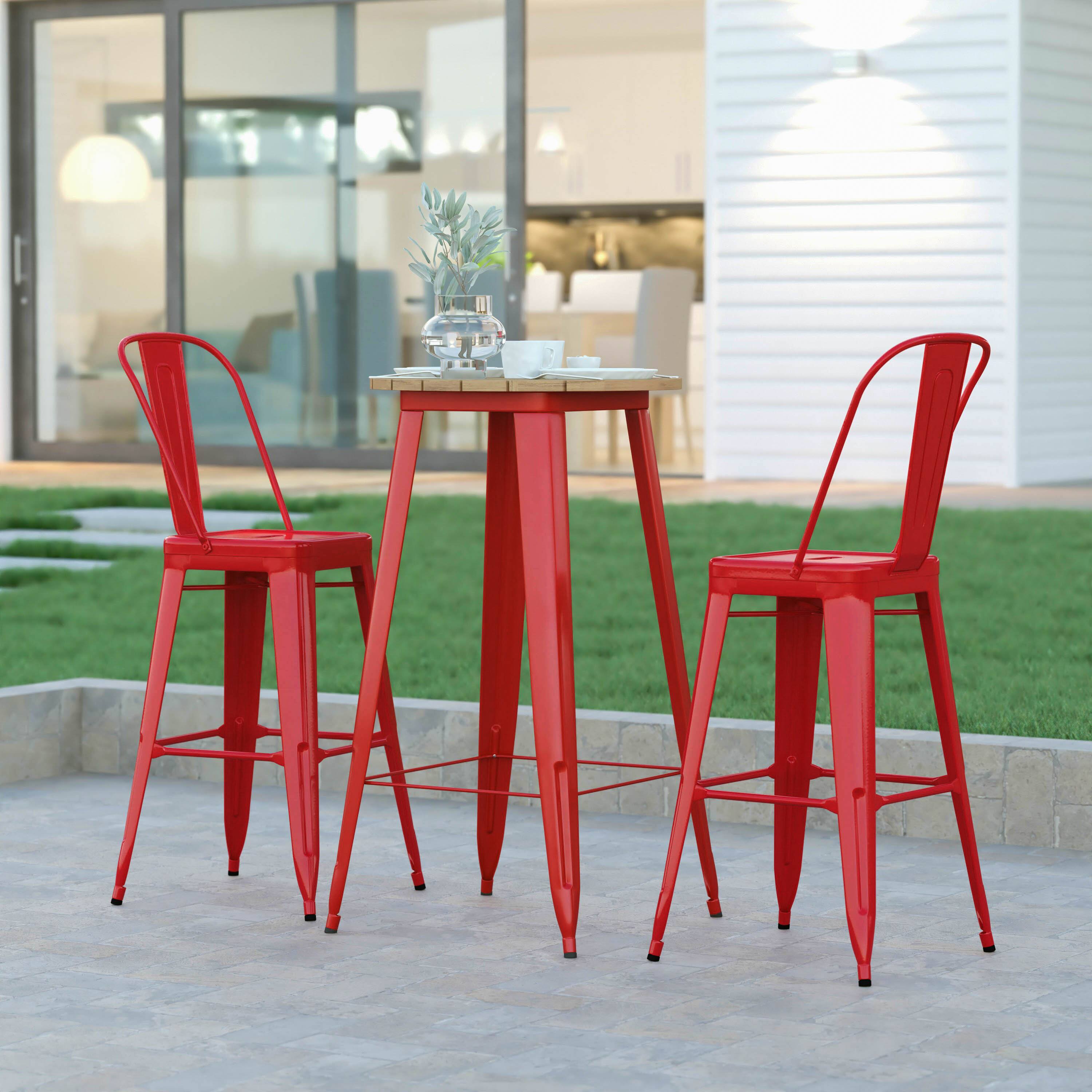 Alt View 1. Emma + Oliver - Drew Indoor/Outdoor Bar Top Table, 23.75" Round All Weather Poly Resin Top with Steel base - Brown Top/Red Frame.