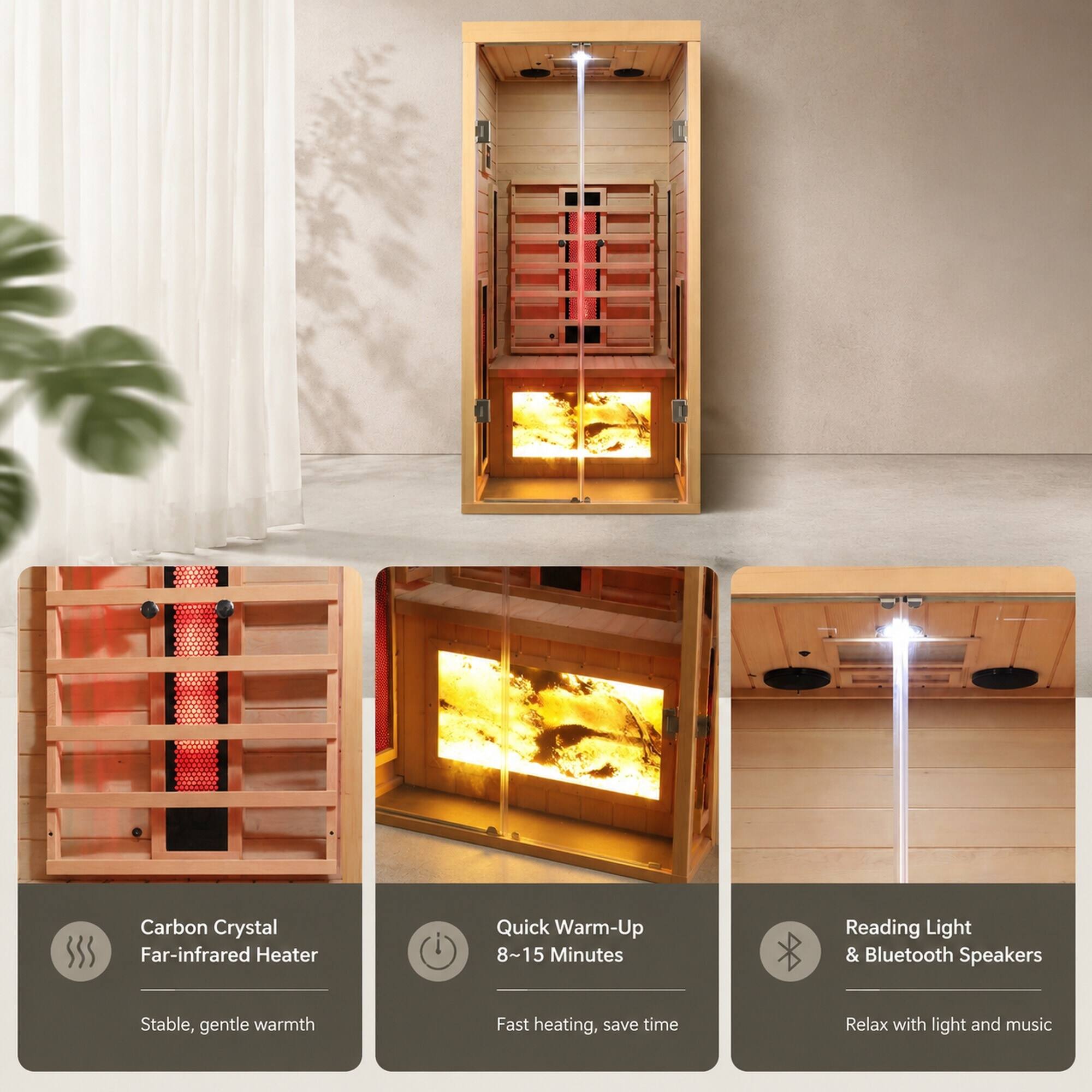 Carbon Crystal Far-infrared Heater  
Quick Warm-Up 8~15 Minutes  
Reading Light & Bluetooth Speakers  
Stable, gentle warmth  
Fast heating, save time  
Relax with light and music