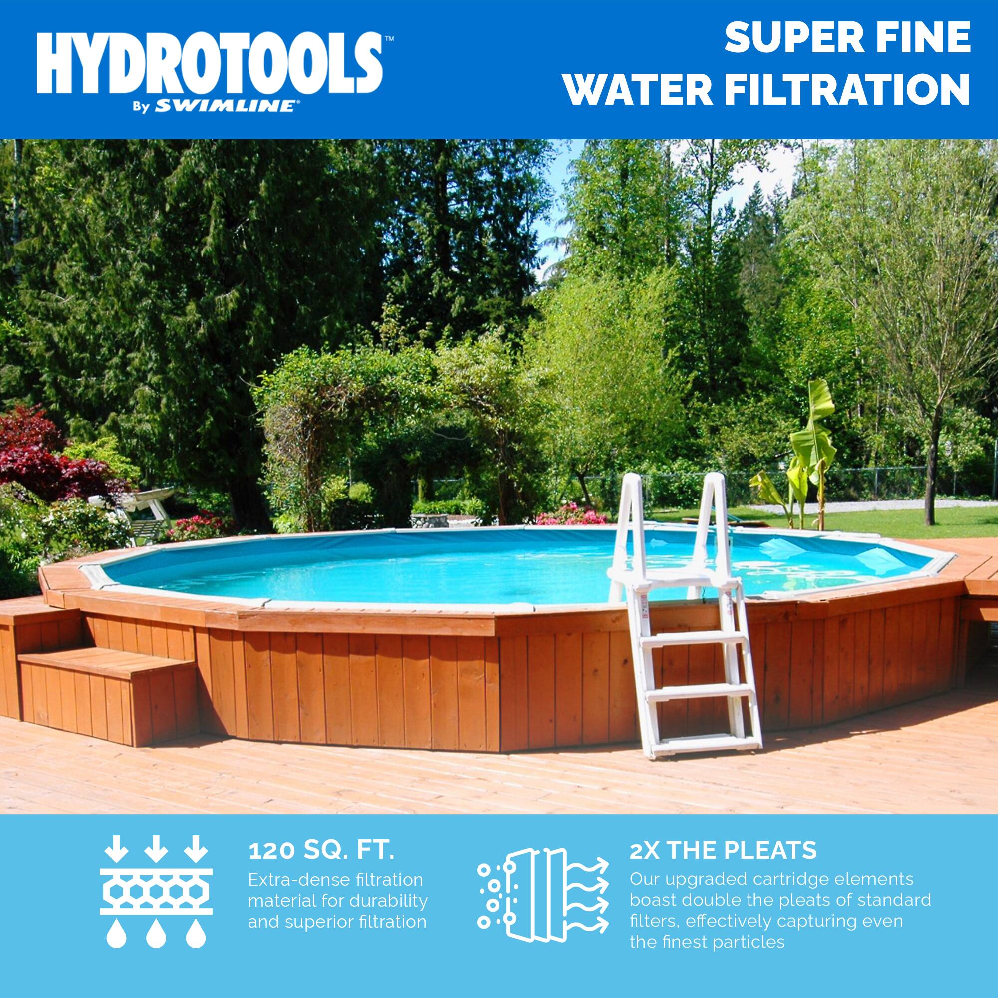 HYDROTOOLS  
By SWIMLINE  

SUPER FINE WATER FILTRATION  

120 SQ. FT.  
Extra-dense filtration material for durability and superior filtration  

2X THE PLEATS  
Our upgraded cartridge elements boast double the pleats of standard filters, effectively capturing even the finest particles