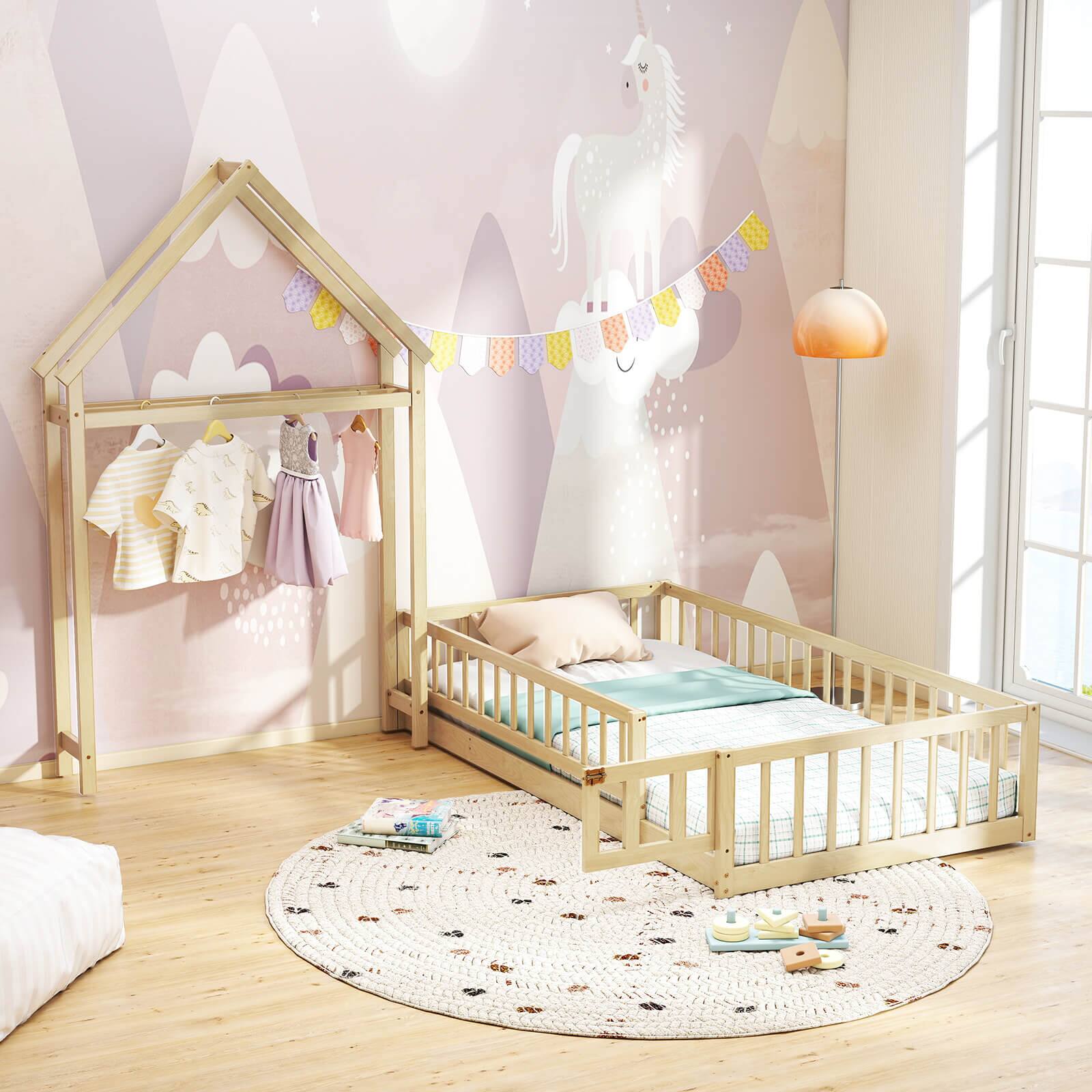 Alt View 5. Costway - Costway Twin Size House Floor Bed with House-shaped Headboard Clothes Hanger without Slats Beige - Natural.