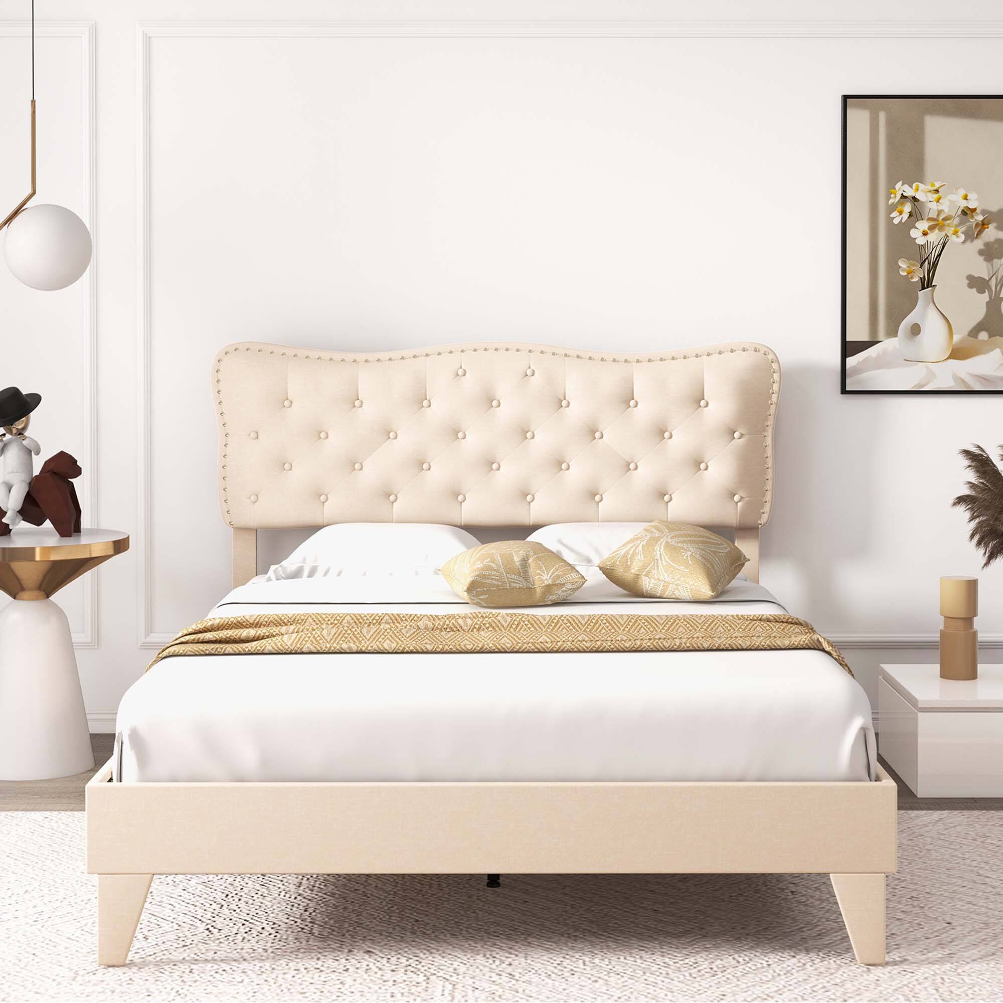 Alt View 4. Costway - Costway Queen Upholstered Platform Bed Frame Button-Tufted Headboard Mattress Foundation - Beige.
