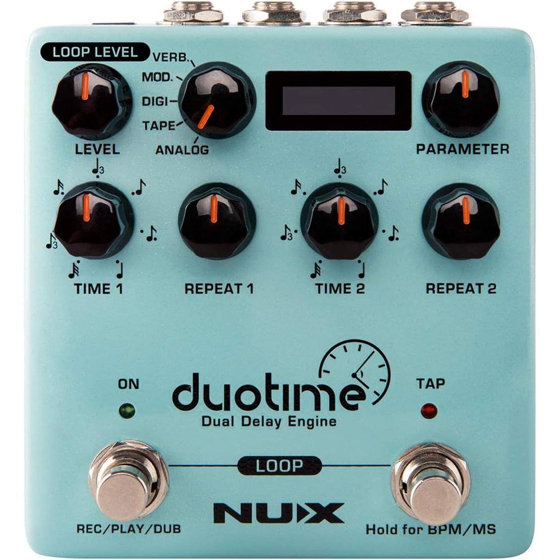 LOOP LEVEL VERB. MOD. DIGI TAPE LEVEL ANALOG PARAMETER 3 J. 3 1. 3 J J. TIME 1 REPEAT 1 TIME 2 REPEAT 2 ON TAP duotime Dual Delay Engine LOOP NUX REC/PLAY/DUB Hold for BPM/MS