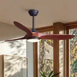 Siljoy - 52 Inch 3-Blade Red Solid Wood Ceiling Fan with LED Light, Remote & App Control for Bedroom Living Room - Brown