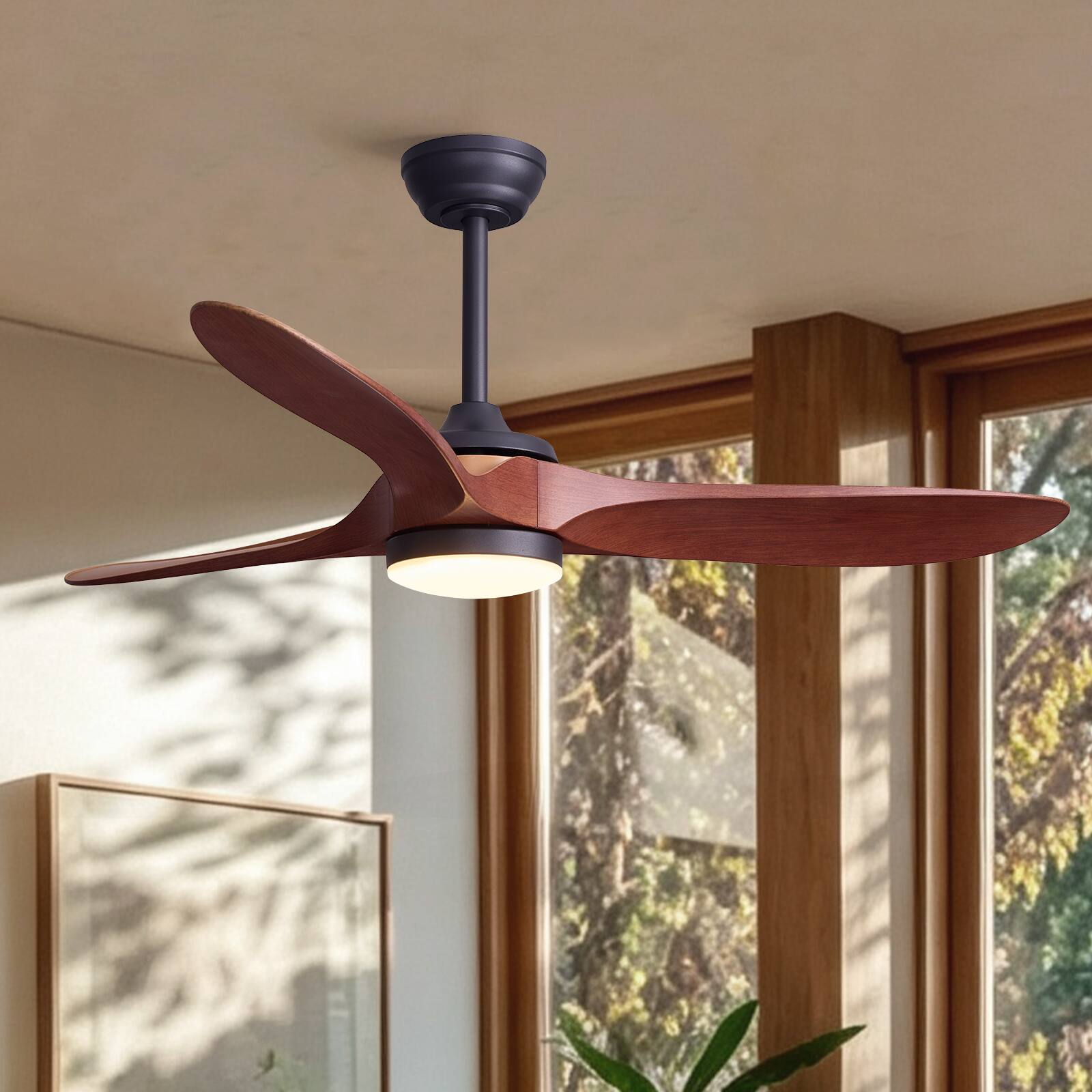 Front. Siljoy - 52 Inch 3-Blade Red Brown Solid Wood Ceiling Fan with LED Light, Remote & App Control for Bedroom Living Room - BROWN.