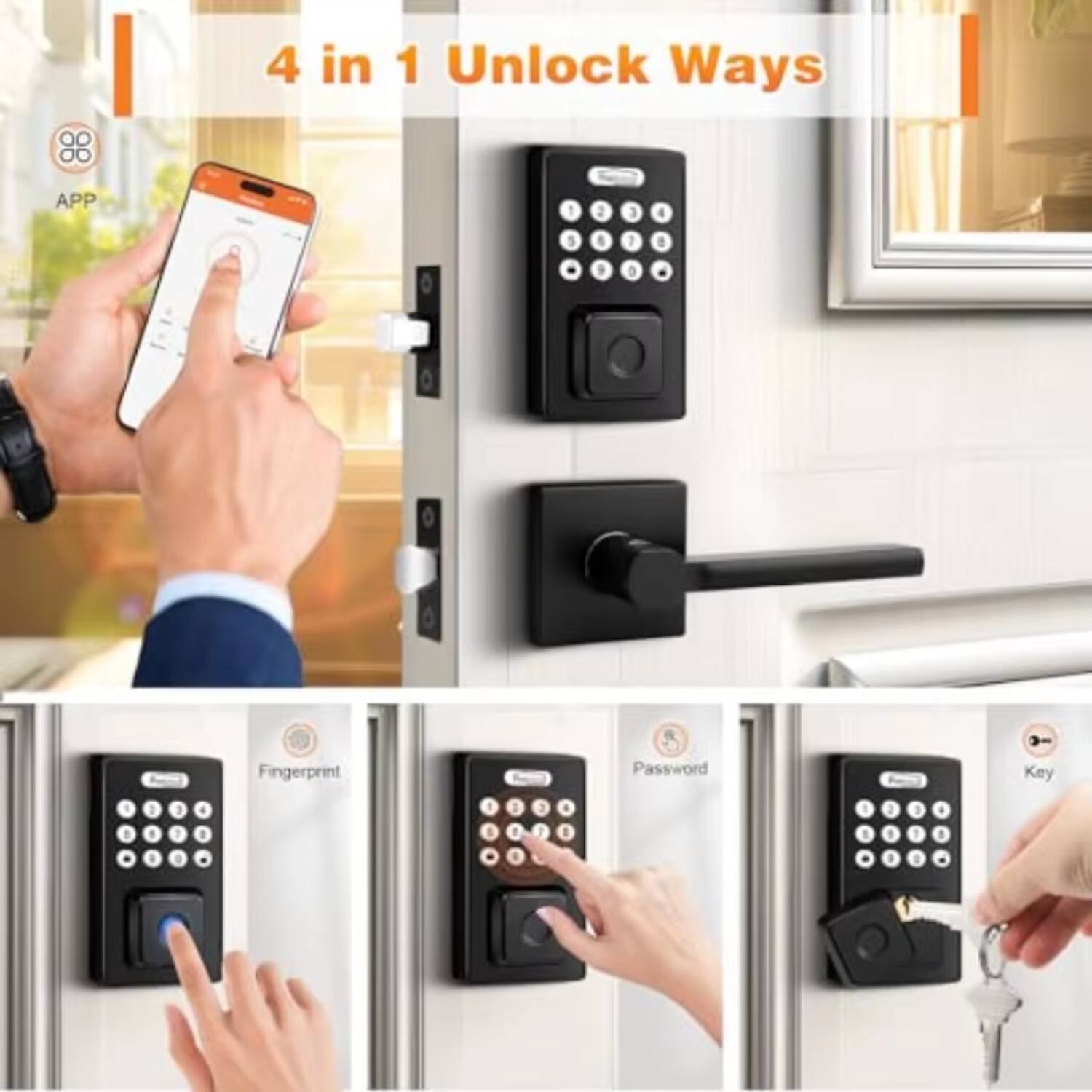4 in 1 Unlock Ways

APP
Fingerprint
Password
Key