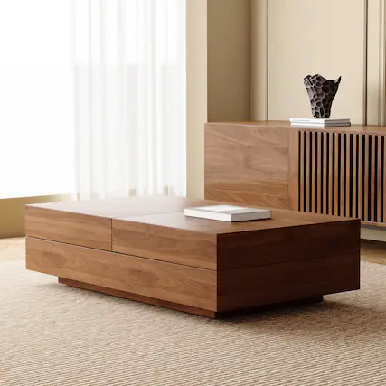 Front. luck idea - 47.2" Extendable Coffee Table with Hidden Storage Compartment | Multifunctional Center Table for Living Room Small Space - Walnut color.