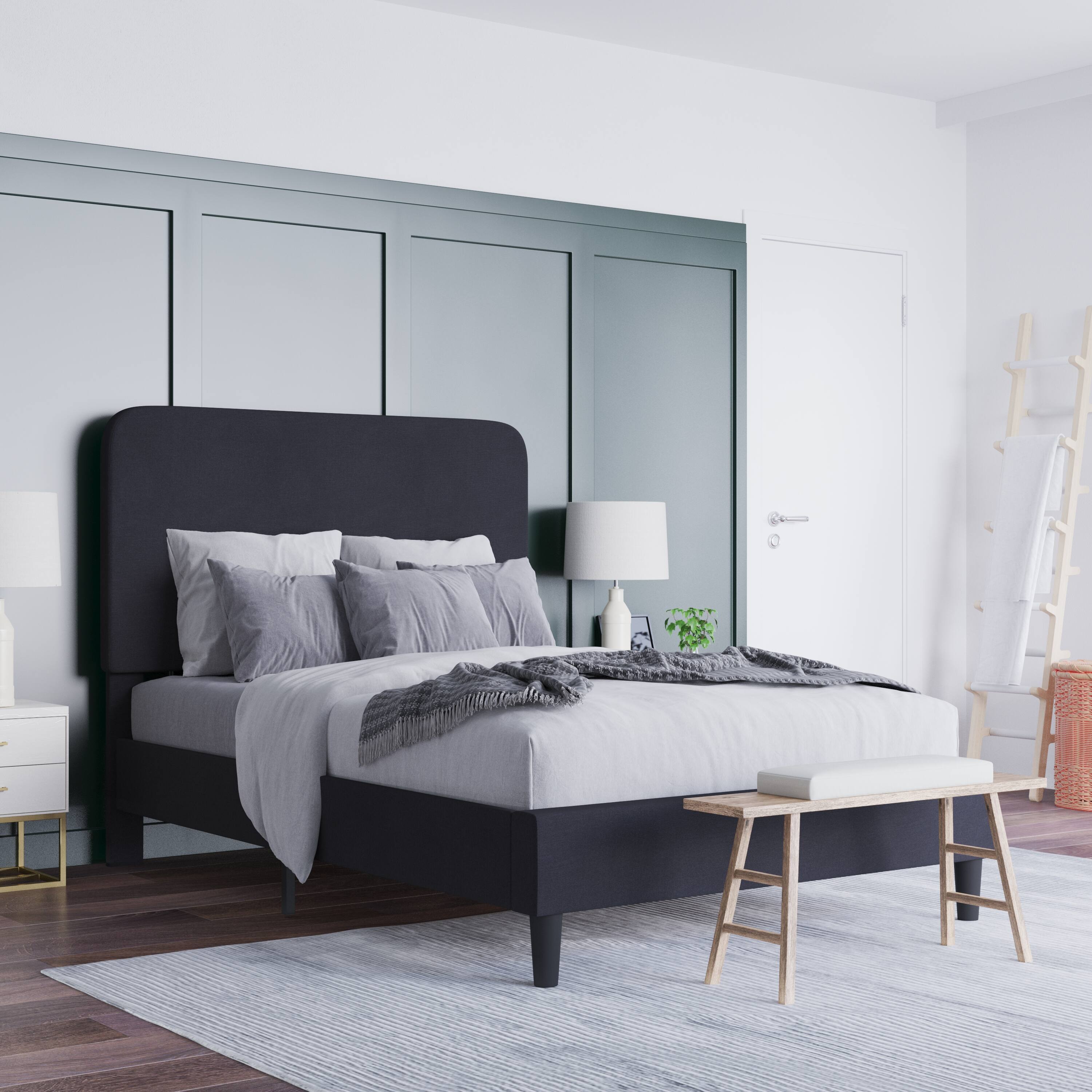 Front. Emma + Oliver - Pasithea Upholstered Platform Bed with Curved, Slim Panel Headboard and Wooden Support Slats - Charcoal.