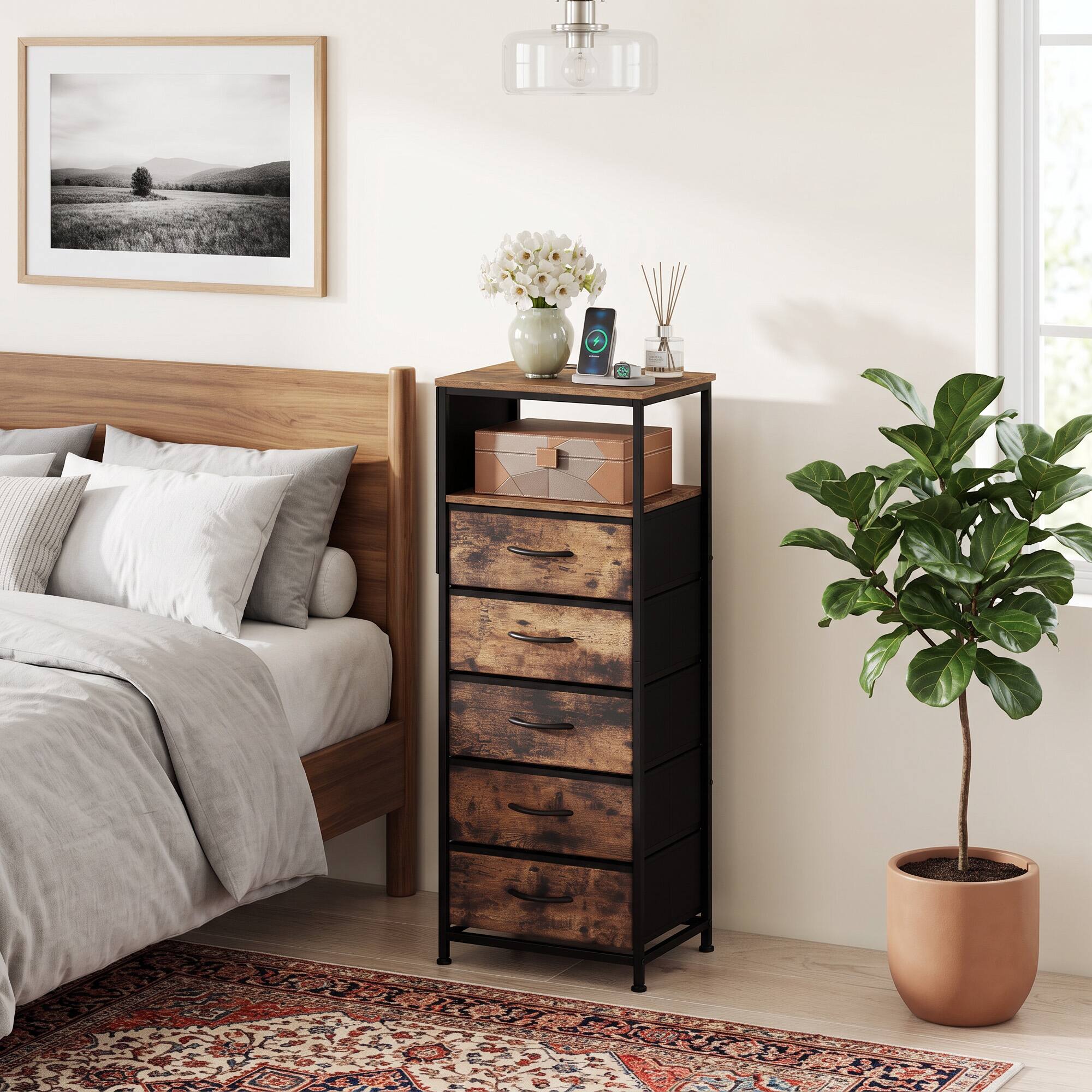 Alt View 5. WELLFOR - 39" Modern Nightstand with Integrated Charging Station - Brown.