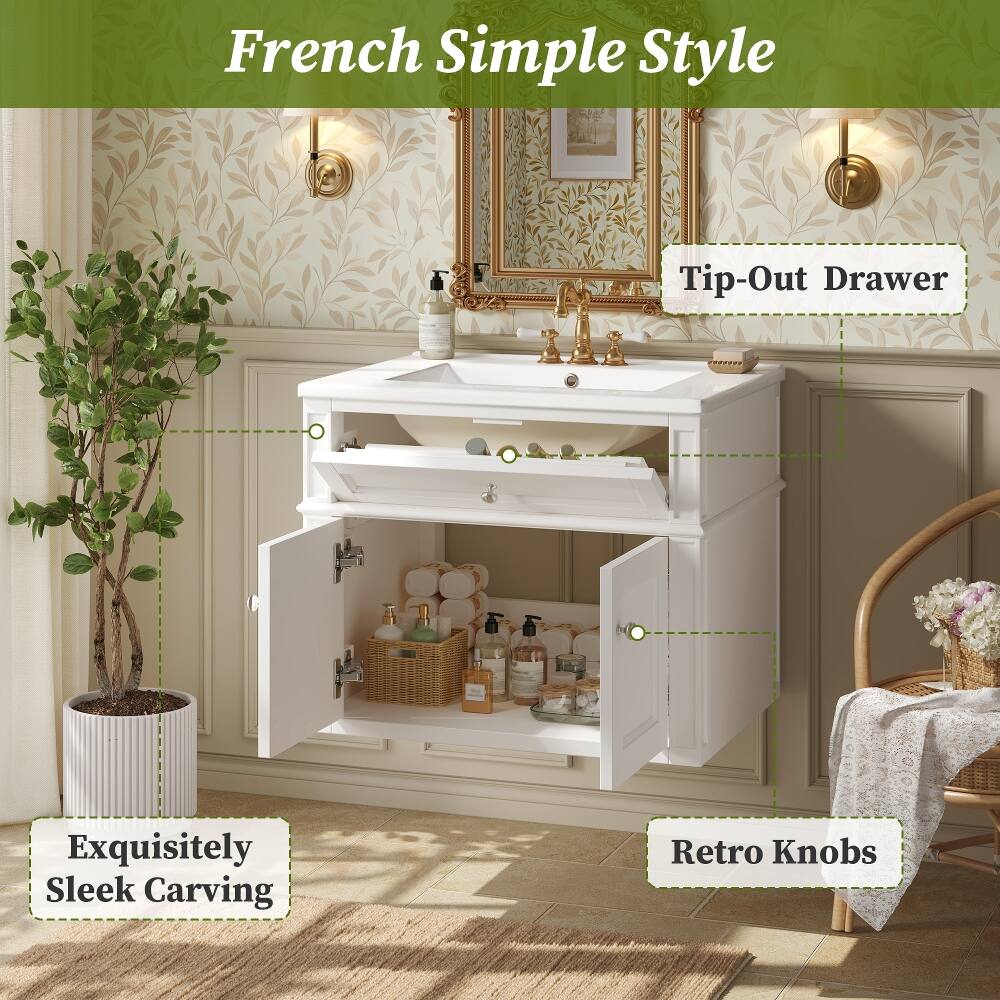 French Simple Style  
Tip-Out Drawer  
Exquisitely Sleek Carving  
Retro Knobs