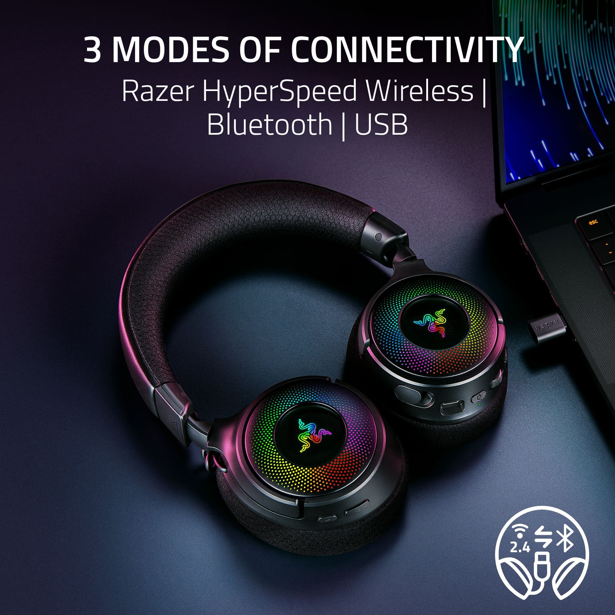 The text on the image reads: "3 MODES OF CONNECTIVITY Razer HyperSpeed Wireless | Bluetooth | USB."