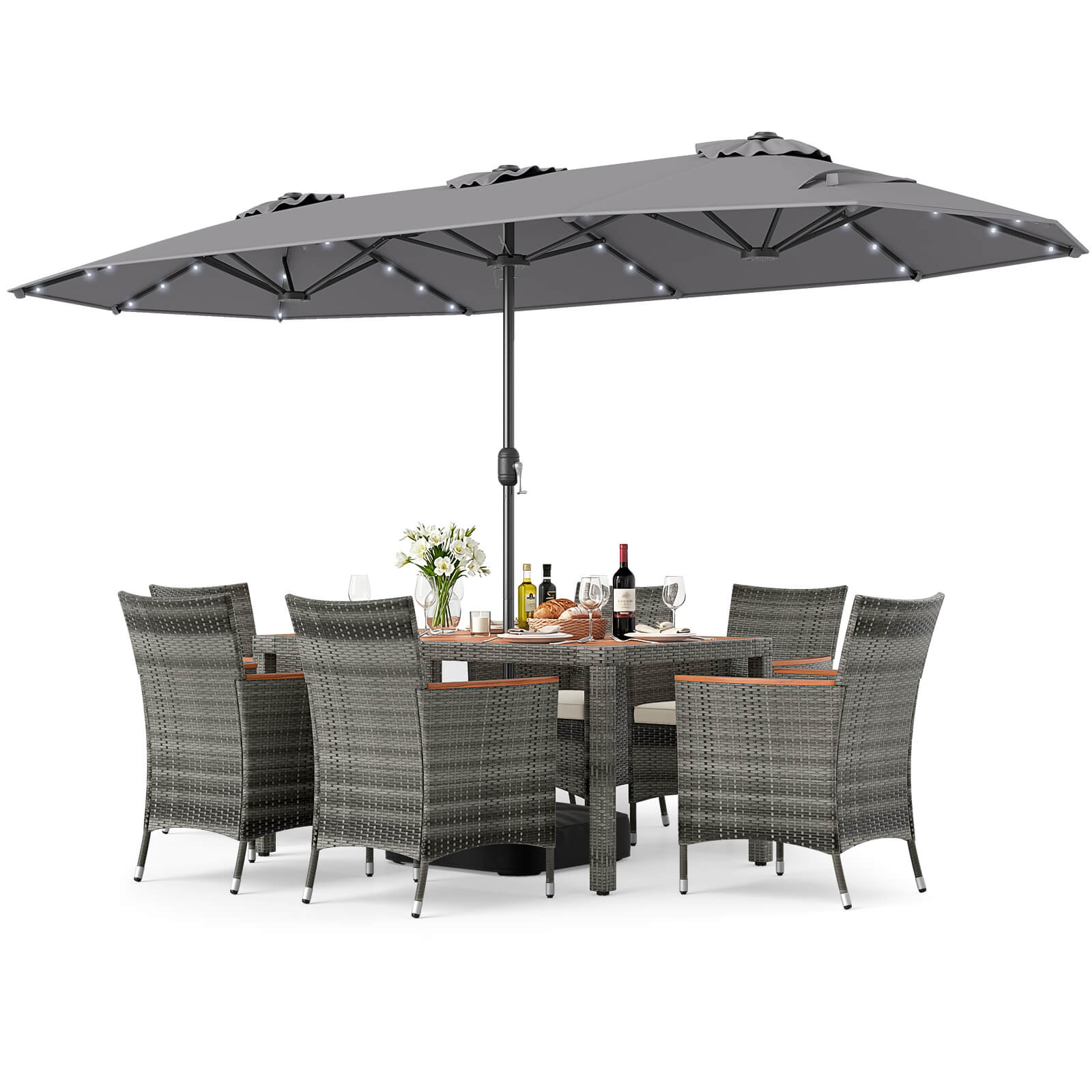 Alt View 5. Costway - Costway 8 PCS Outdoor Wicker Dining Furniture & Double-Sided Umbrella with Solar LED Lights - Gray + Mix Gray.