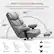 The text on the image describes a multi-functional reclining chair that features an S-shaped bionic curve, which is ideal for natural spinal curvature and promotes fatigue-free sitting for extended periods. The chair has adjustable height, allowing users to customize their seating position. To recline, users can pull out the chair, while to lock it in place, they can push in the locking mechanism. The chair offers three different seating positions: 90° for work, 115° for rest, and 135° for sleep.