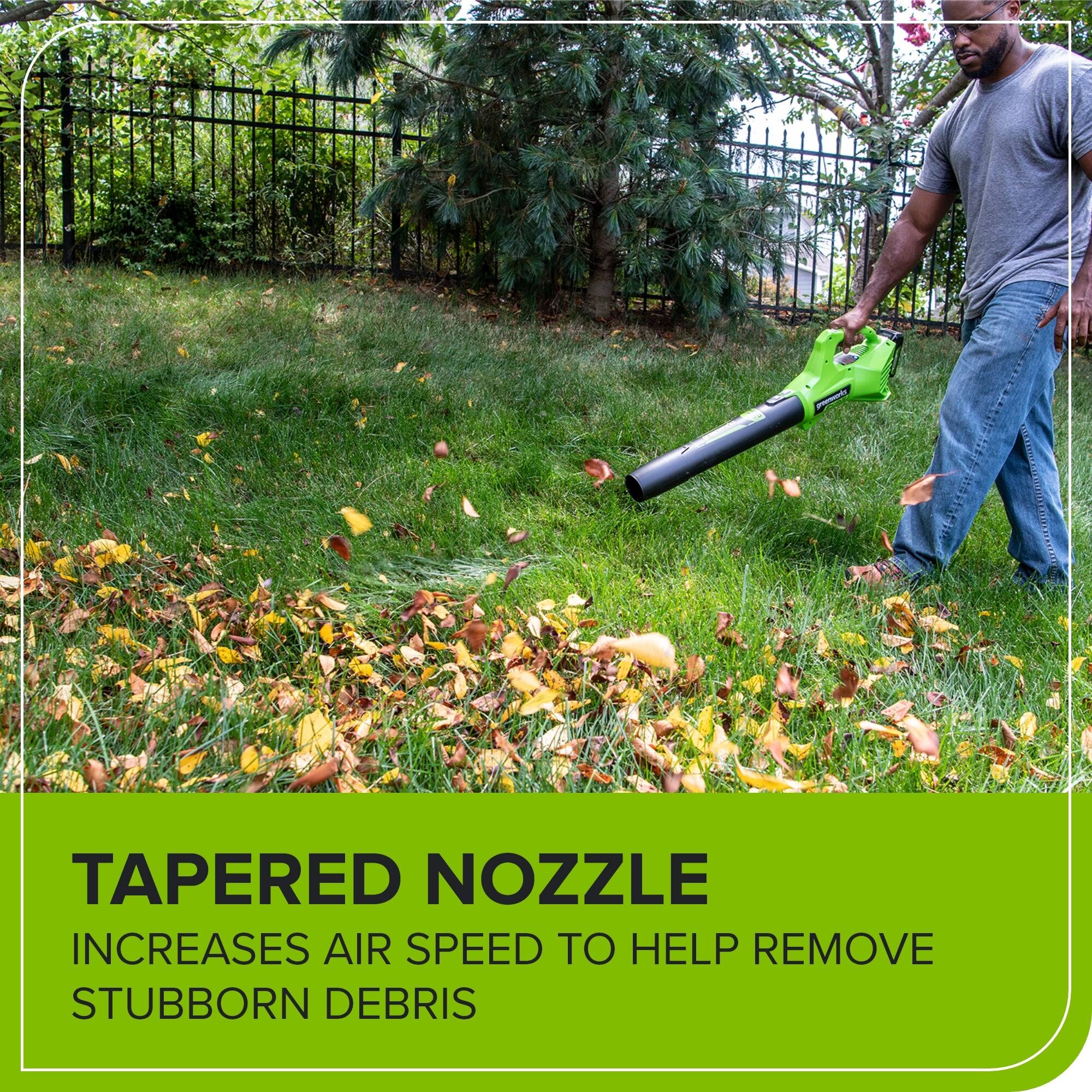 Tapered nozzle increases air speed to help remove stubborn debris