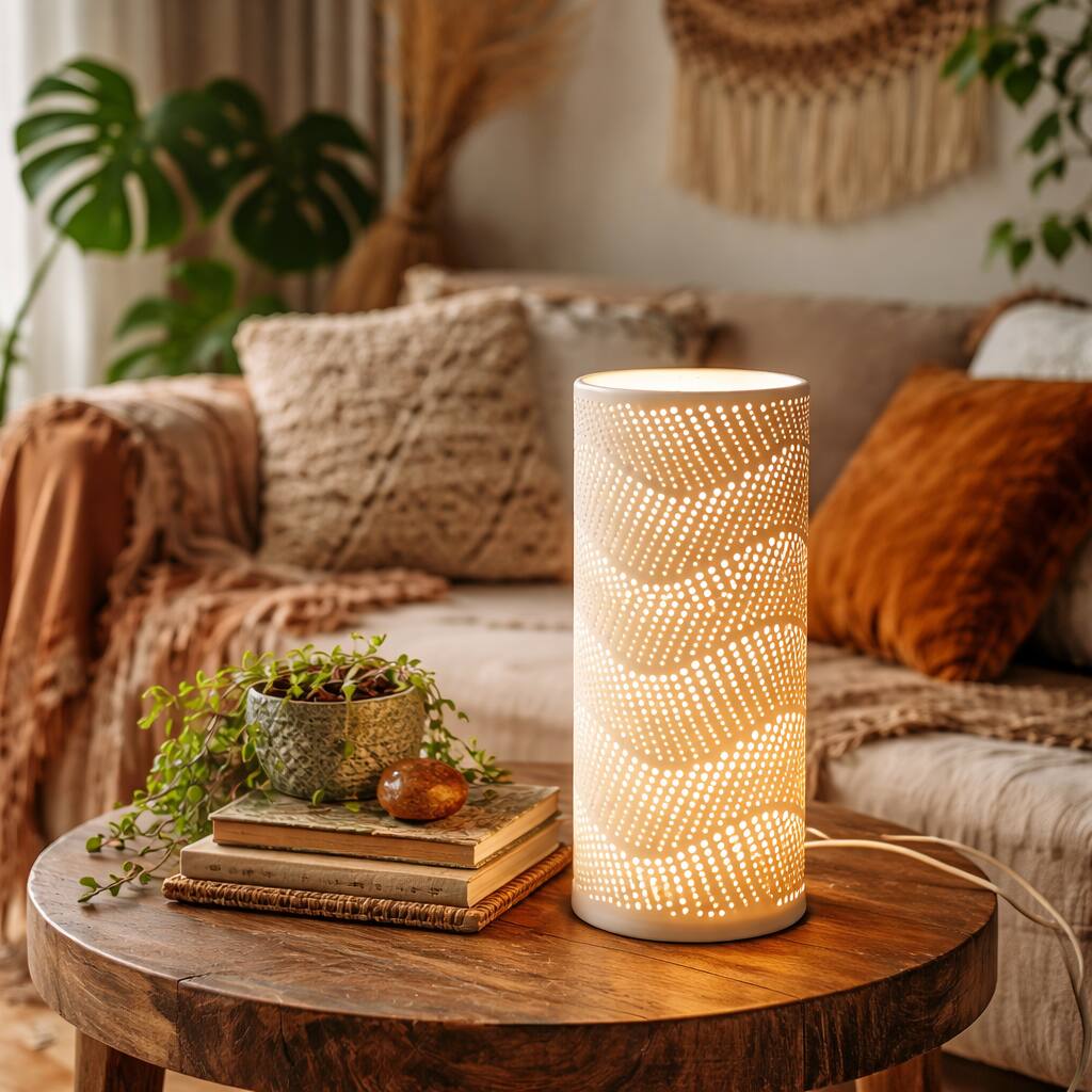 FC Design - 11"H Matte Golden Cylinder w/ Wavy Pierced Glow Pattern Table Lamp