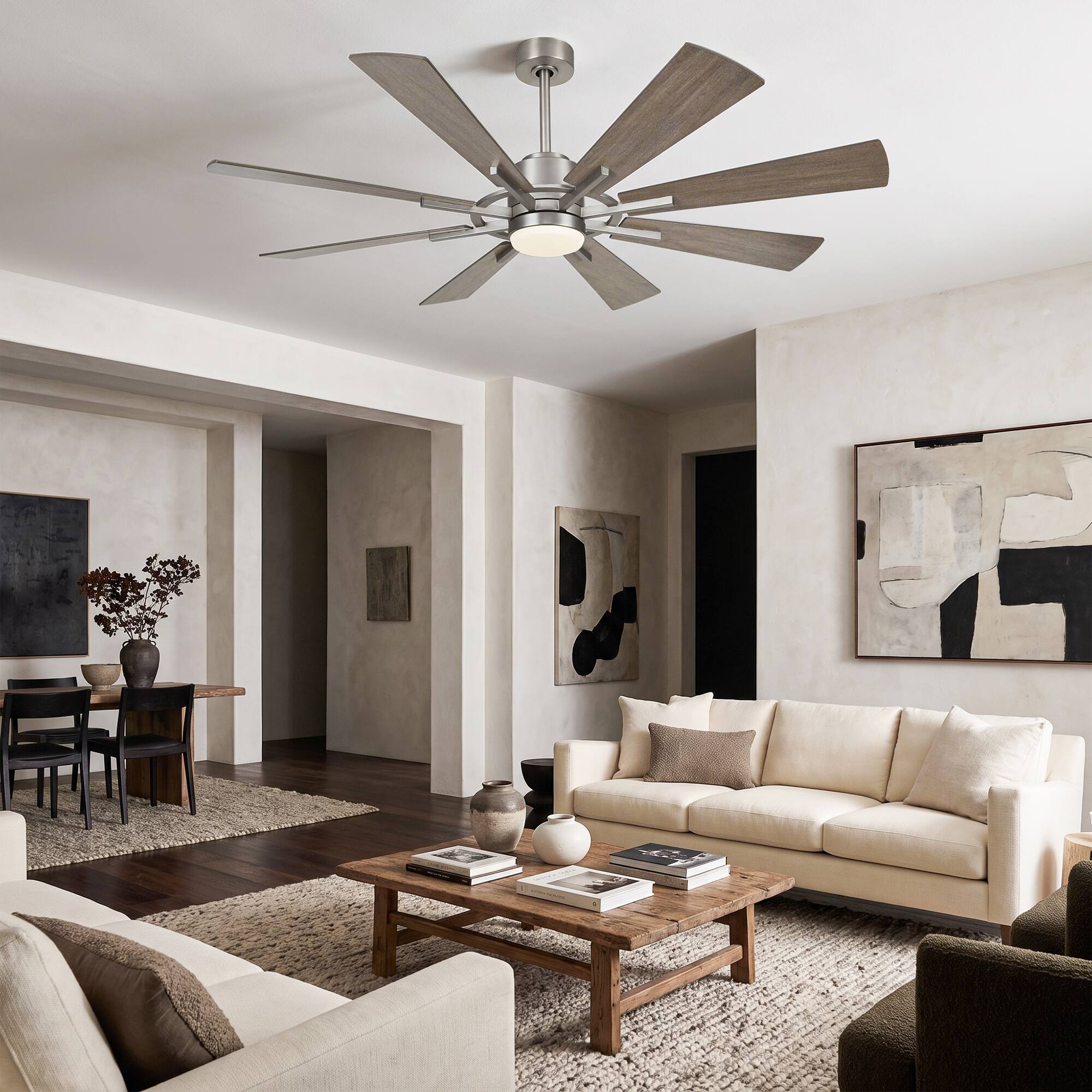 Angle. Parrot Uncle - 60" Windmill 8-Blade Ceiling Fan with Dimmable LED Light, Remote Control, Reversible DC Motor - Bronze.