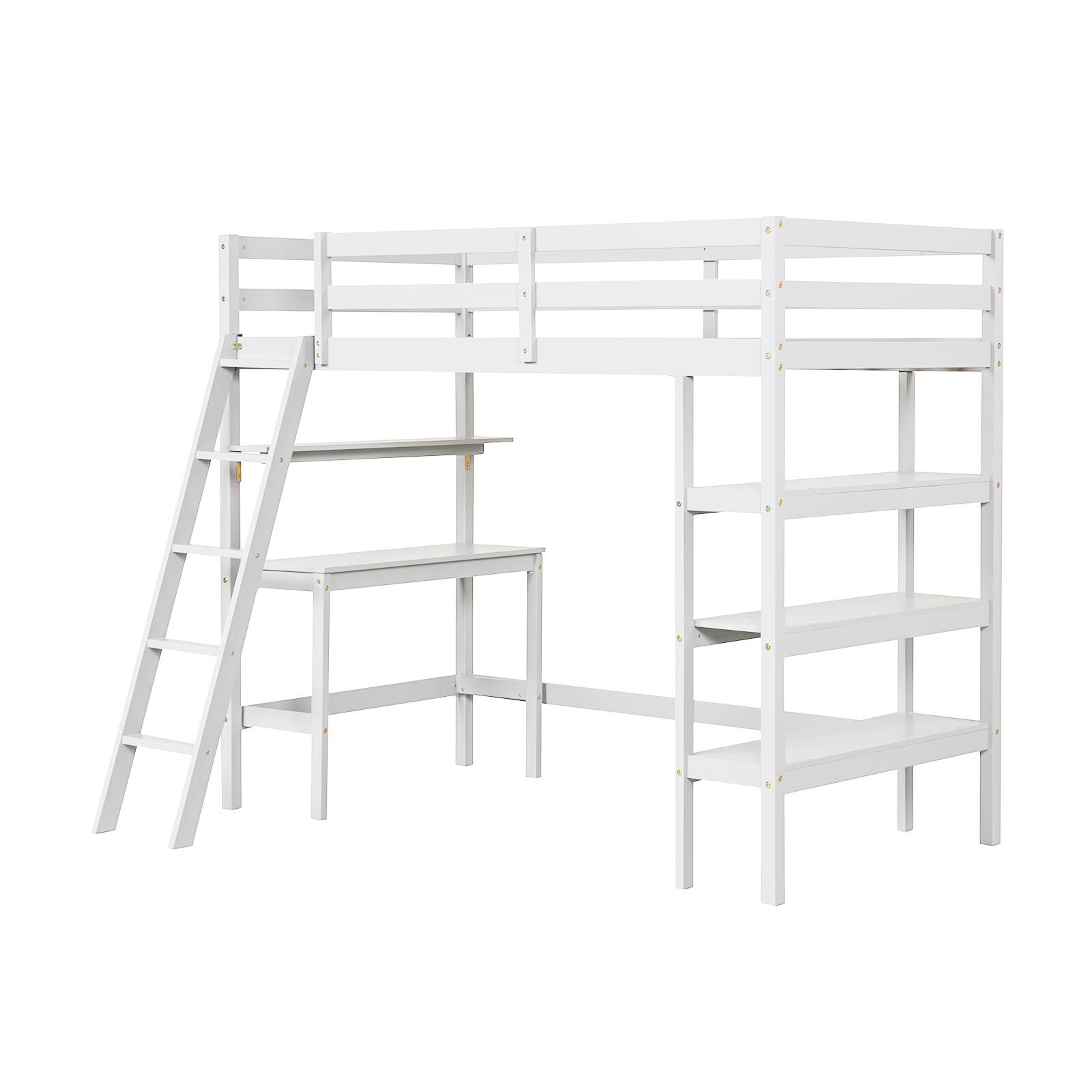 Front. Sugift - Twin Size Loft Bed with Desk and Bookshelves for Kids and Teens - White.