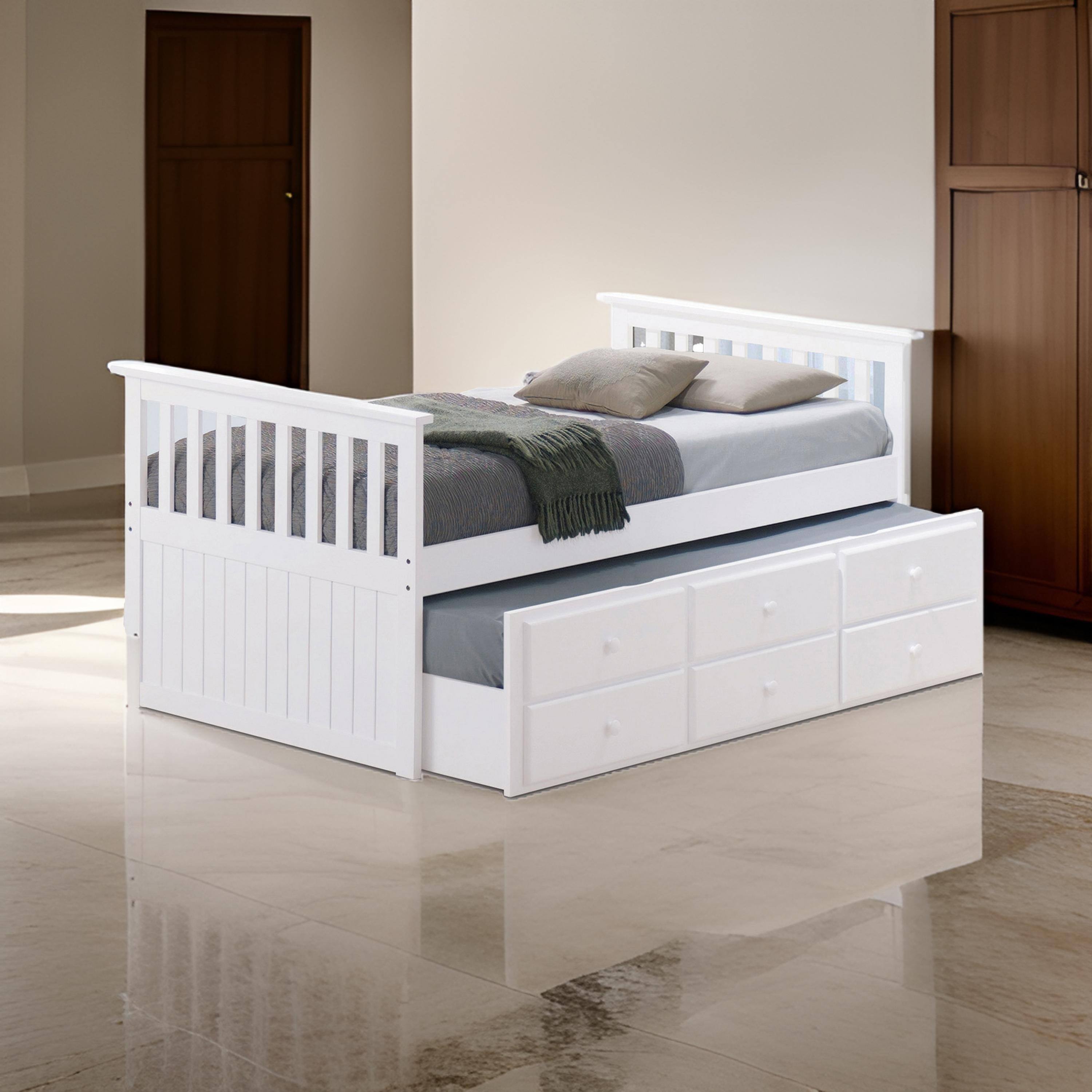 Alt View 5. Manhattan Lane - Clen Twin Captain Bed, Trundle with 3 Drawer Storage, White Solid Hardwood - White.