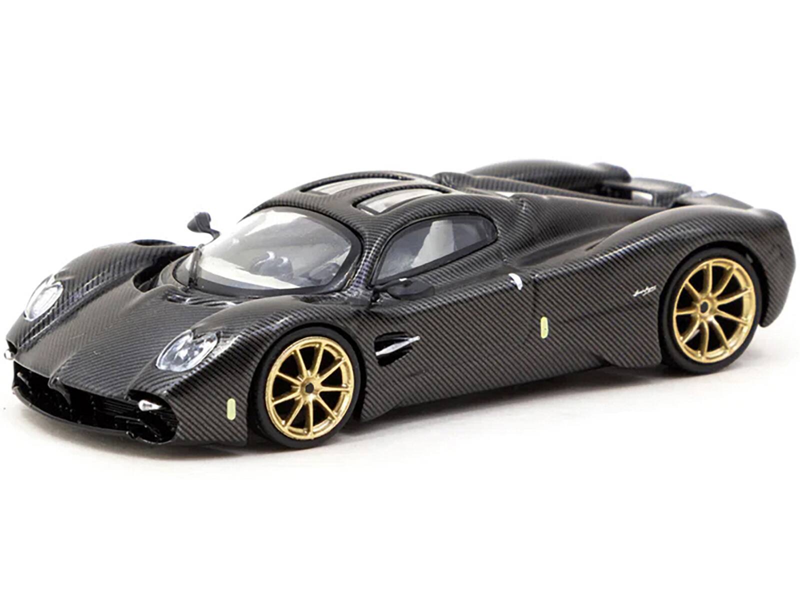 Left. Tarmac Works - Pagani Utopia Black Carbon Fiber with Gold Wheels "Global64" Series 1/64 Diecast Model by Tarmac Works - Black, Gold.