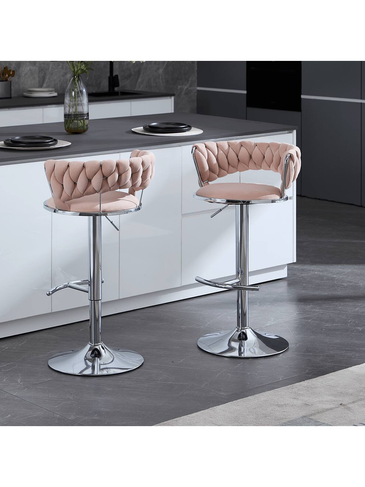Alt View 2. Trinkets Crazed - Velvet Bar Stools Set Of 2, Modern Swivel Barstools With Woven Backrest, Adjustable Counter Stools - Pink.