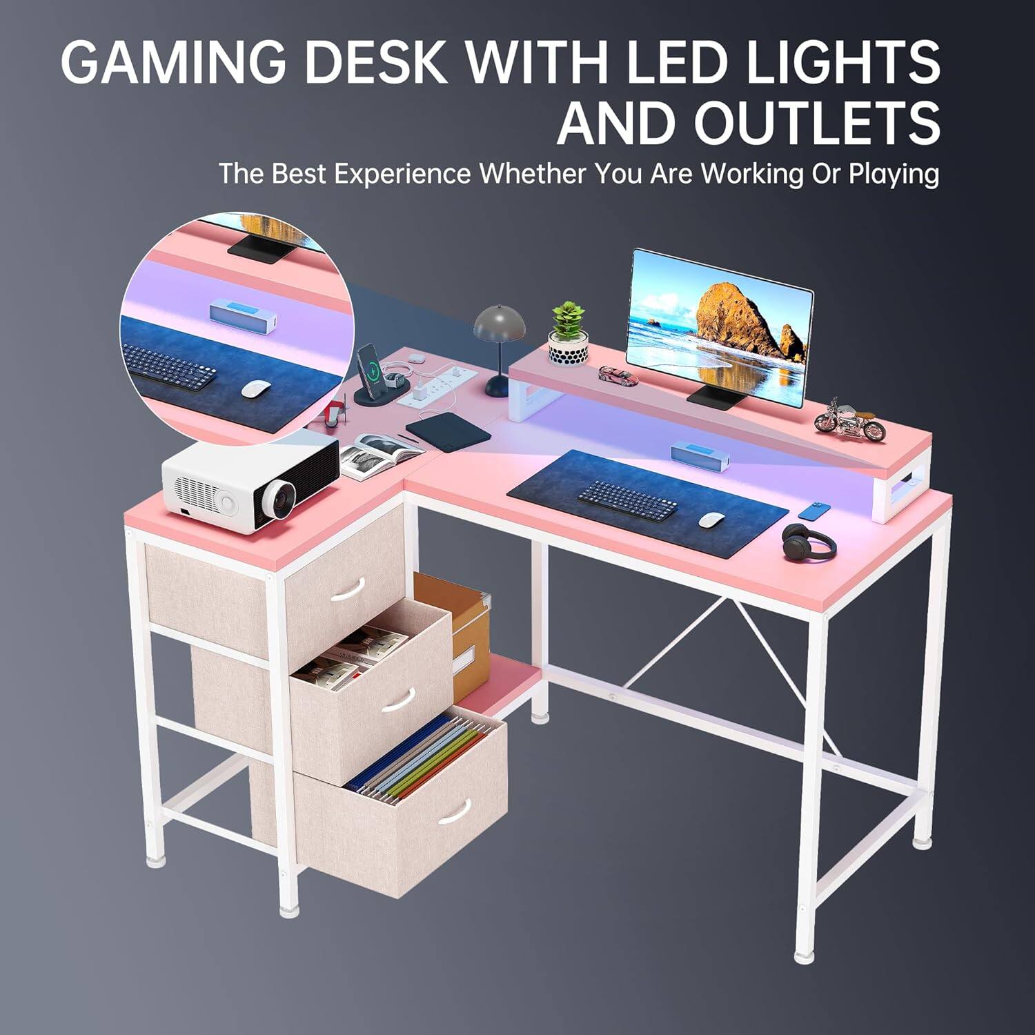 GAMING DESK WITH LED LIGHTS AND OUTLETS  
The Best Experience Whether You Are Working Or Playing