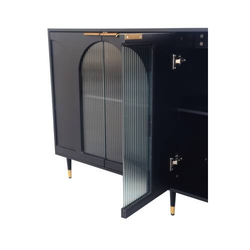 Back. LUCKY ONE - Freestanding Black Lacquered Accent Cabinet with 4 Glass Doors Adjustable Shelves for Living Room - Black.