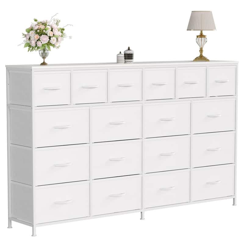 GARVEE - Extra Large Dresser with 18 Drawers, Charging Station, TV Stand, Steel Frame, Wood Top, Bedroom Organizer - White