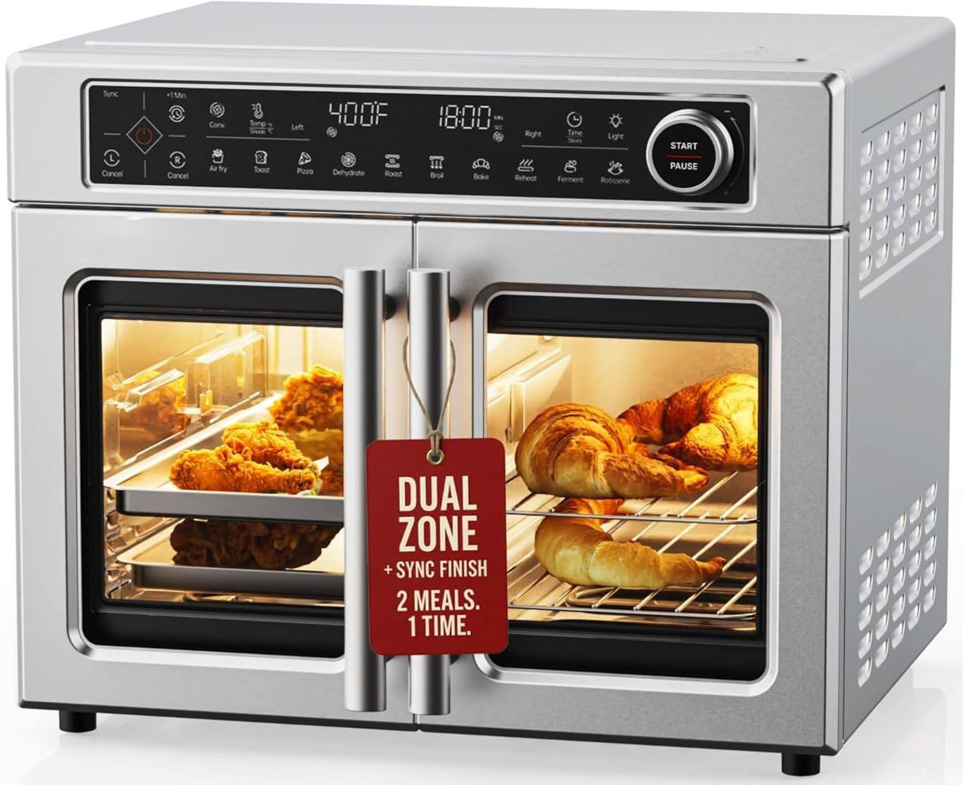 GlowWise - Dual-Zone 32QT French Door Air Fryer Toaster Oven Combo w/ Rotisserie, Sync Finish & 13 Acc - Stainless Steel