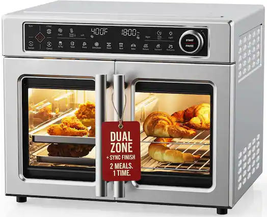 Sync L Concel Mn R Cancel Con A ty Temp VarE Toout 400F Lett - Puzo Dehydrate Root 18:00 1 - Right ul Broi licke Rehect Time Light 8 Ferment Rotisserie START PAUSE DUAL ZONE + SYNC FINISH 2 MEALS. 1 TIME.