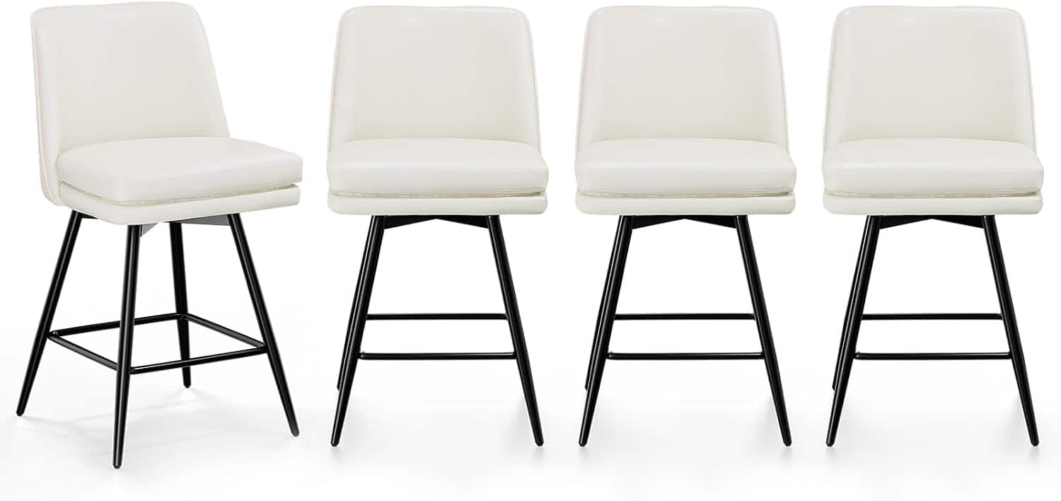 Winado - 26" H Swivel Barstools PU Faux Leather Upholstered Counter Height Bar Stool Chair with Back, Square Seat, Metal Legs - White-Set of 4