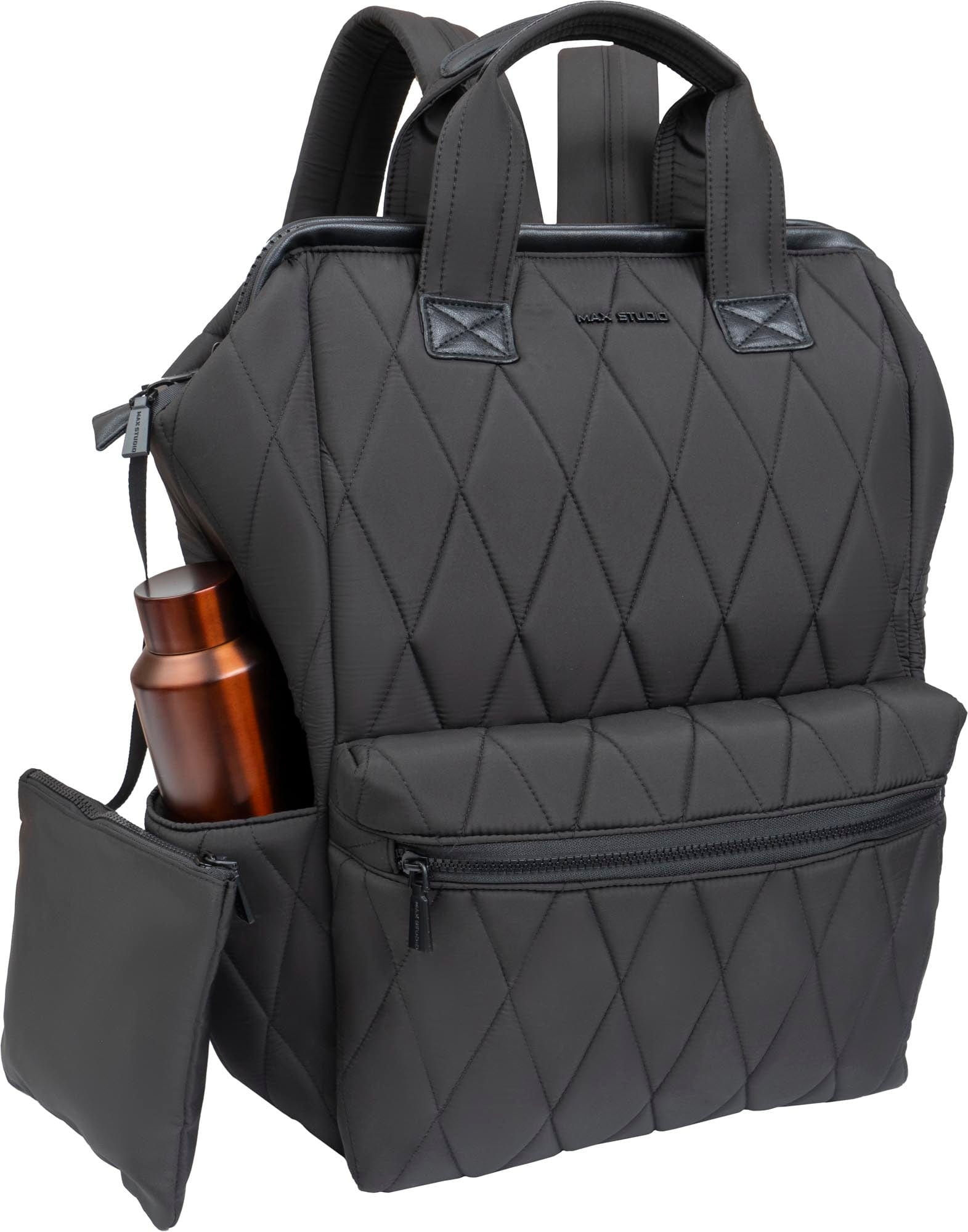 Angle. Max Studio - Magid NYC 18-Inch Diamond Quilted Puffer Nylon Backpack with Laptop Sleeve — Navy - 600-NAVY.