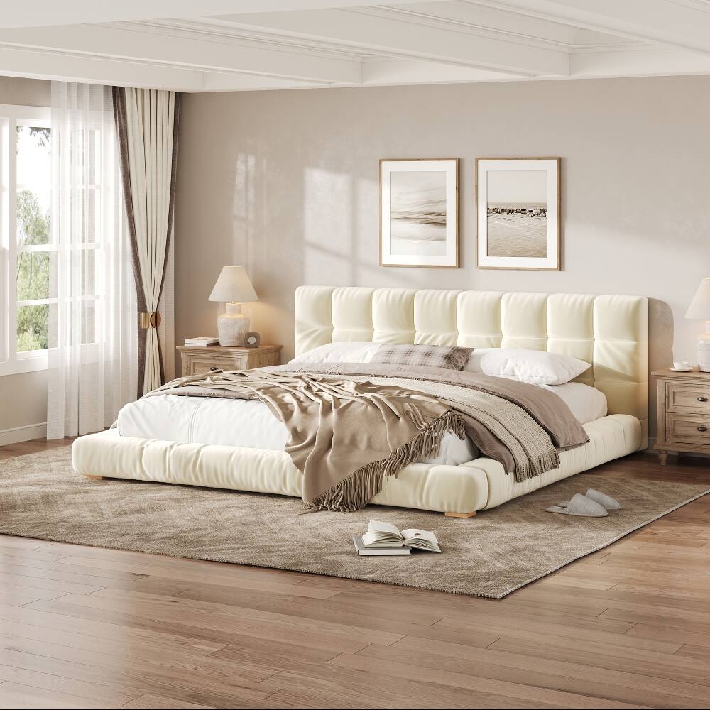 Left. Loheer - Loheer King Size Bed Frame Upholstered Platform Bed Velvet Beige Tufted Headboard Low Profile - Beige.
