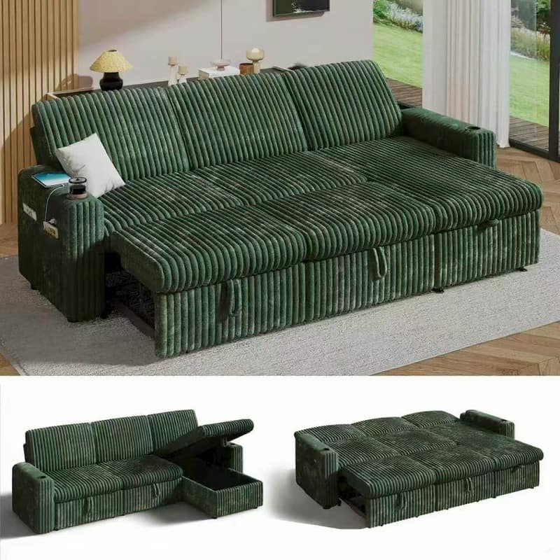 Front. Dyonery - Dyonery 101-in  Sectional Sofa Bed with Reclining Backrest/USB Ports/Cup Holders, Tool Free Assembly, Plush Corduroy - Green.