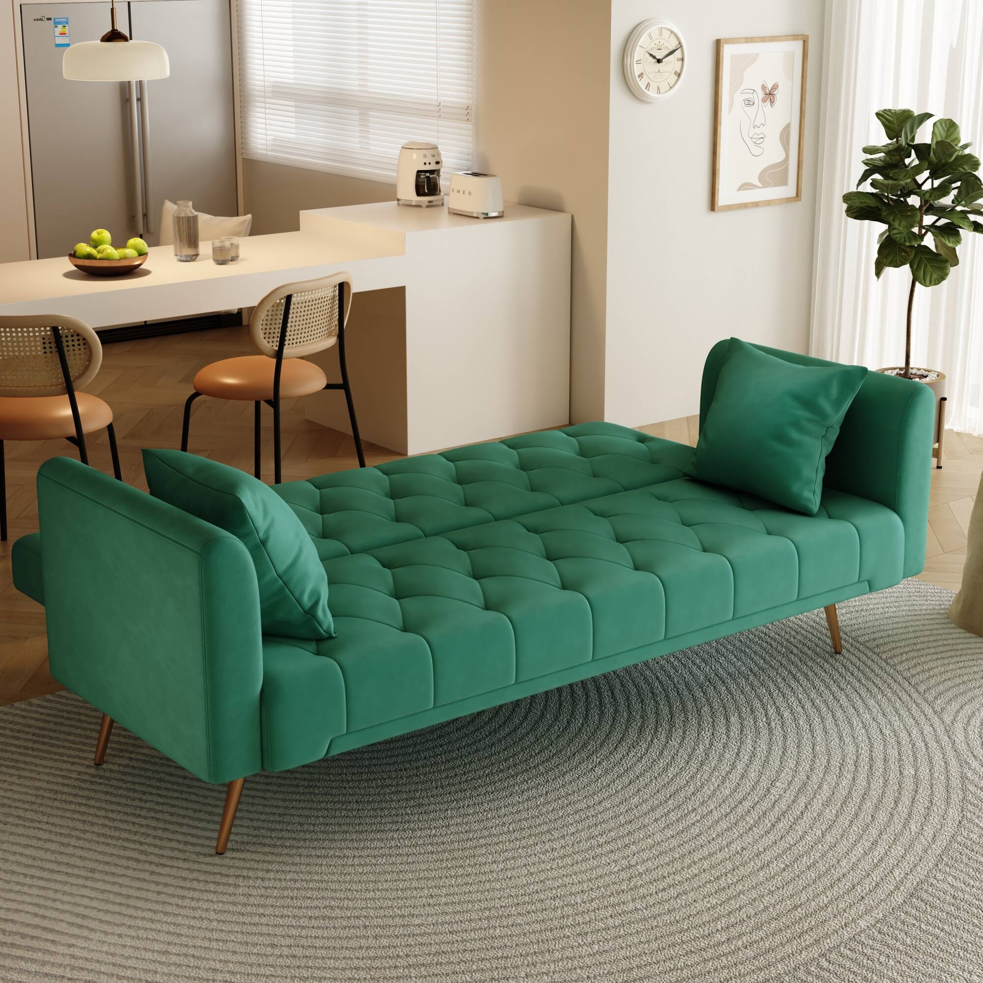 Back. GOODSILO - Convertible Velvet Sofa Bed with Adjustable Backrest for Small Spaces, Living Room and Office Use - Green.