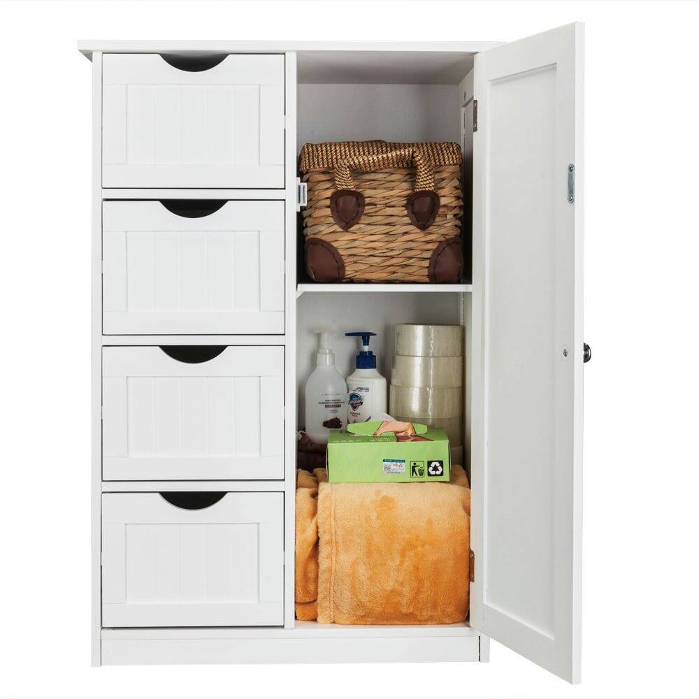 Left. Kadyn - Kadyn Single Door Bathroom Storage Cabinet, 4 Drawers White, Space-Saving Organizer, Bathroom Storage Solution, White - White.