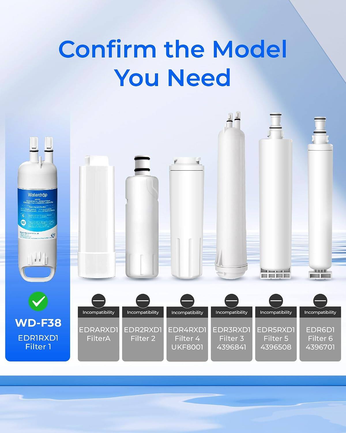 Confirm the Model You Need

Waterdrop SIFTY 55

WD-F38
EDR1RXD1 Filter 1

Incompatibility
EDRARXD1 FilterA
EDR2RXD1 Filter 2
EDR4RXD1 Filter 4
EDR3RXD1 Filter 3
EDR5RXD1 Filter 5
EDR6D1 Filter 6
UKF8001
4396841
4396508
4396701
